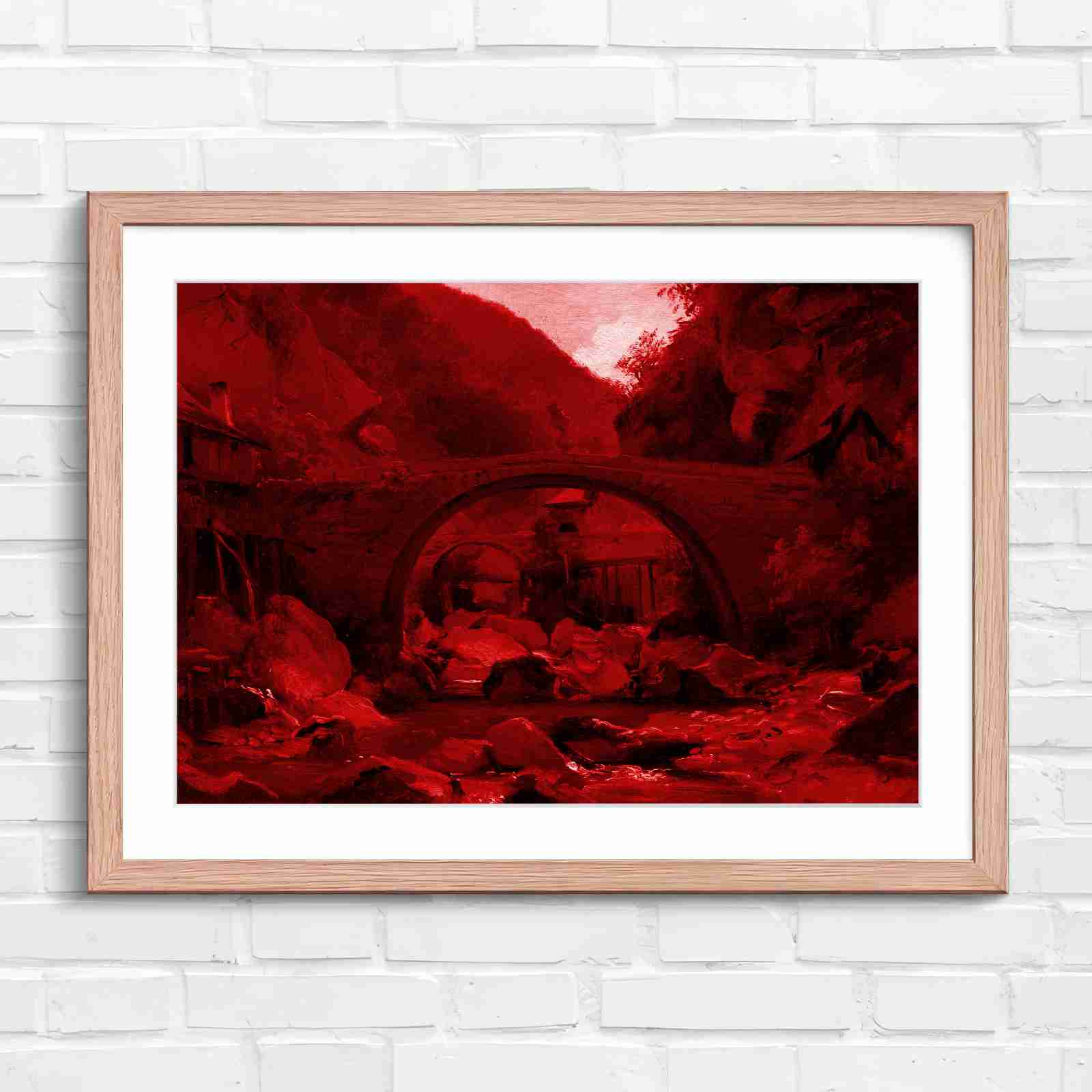 Stone Bridge Countryside Stream Valley - Red in Oak Frame