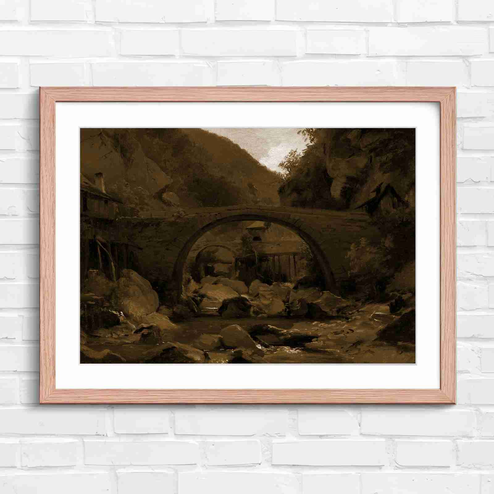 Stone Bridge Countryside Stream Valley - Sepia in Oak Frame