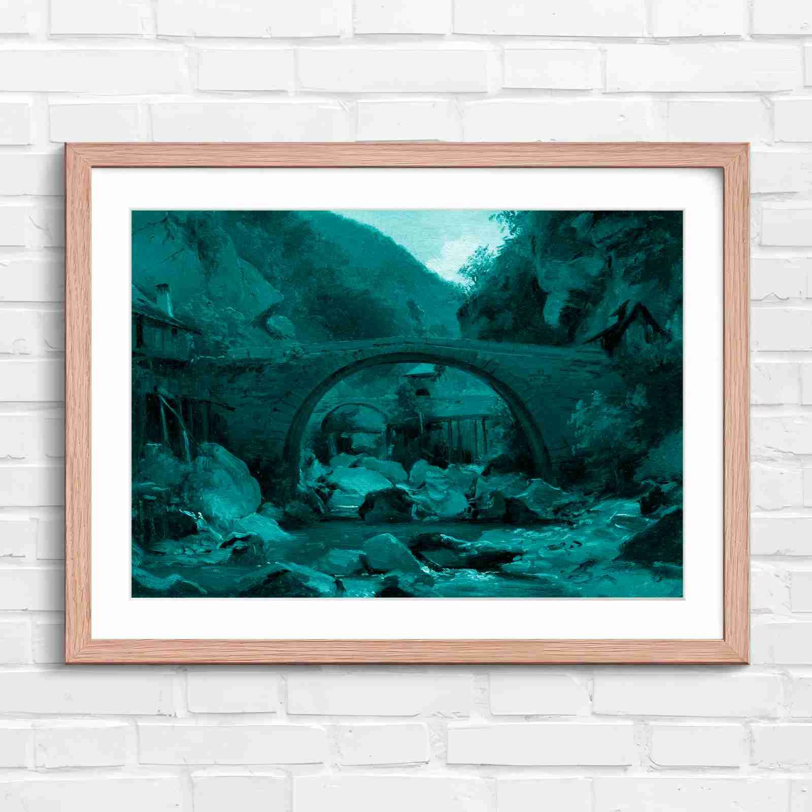 Stone Bridge Countryside Stream Valley - Teal in Oak Frame