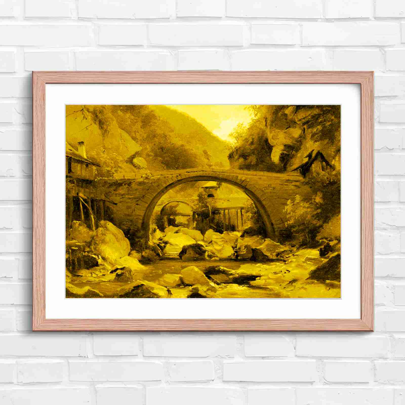 Stone Bridge Countryside Stream Valley - Yellow in Oak Frame