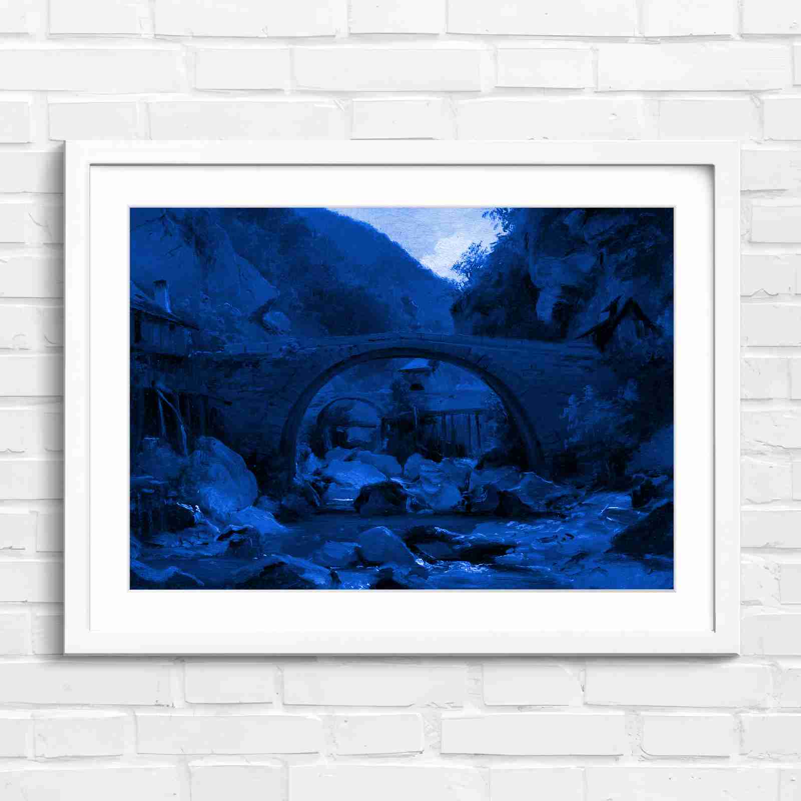 Stone Bridge Countryside Stream Valley - Blue in White Frame