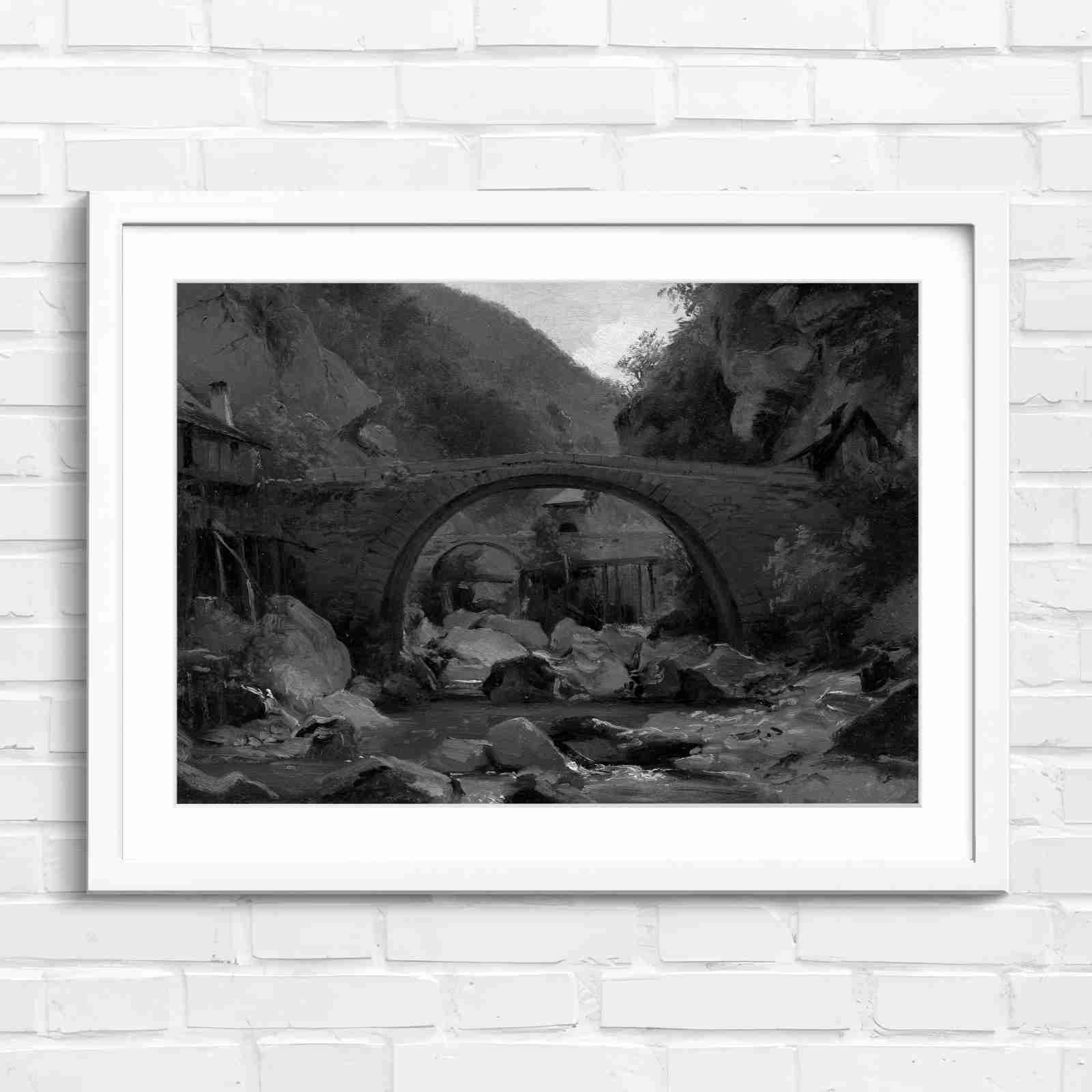 Stone Bridge Countryside Stream Valley - Black & White in White Frame