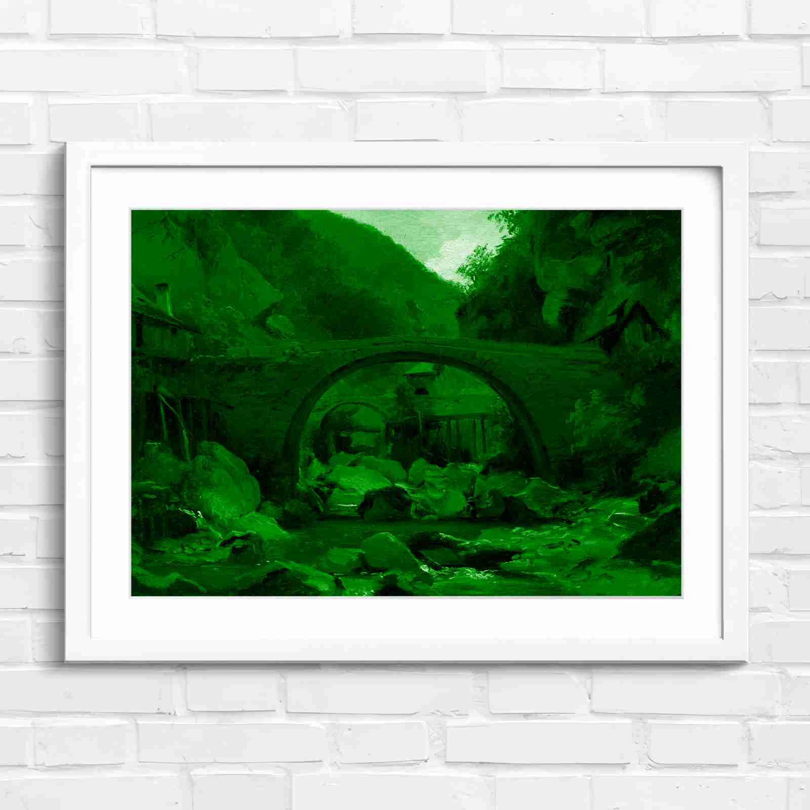Stone Bridge Countryside Stream Valley - Green in White Frame