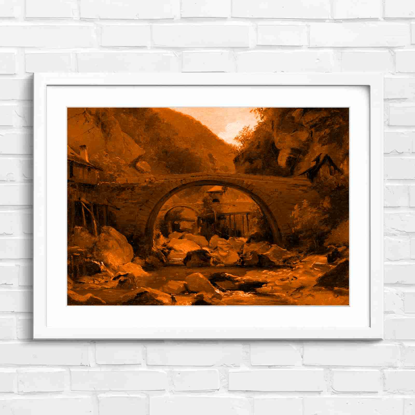 Stone Bridge Countryside Stream Valley - Orange in White Frame