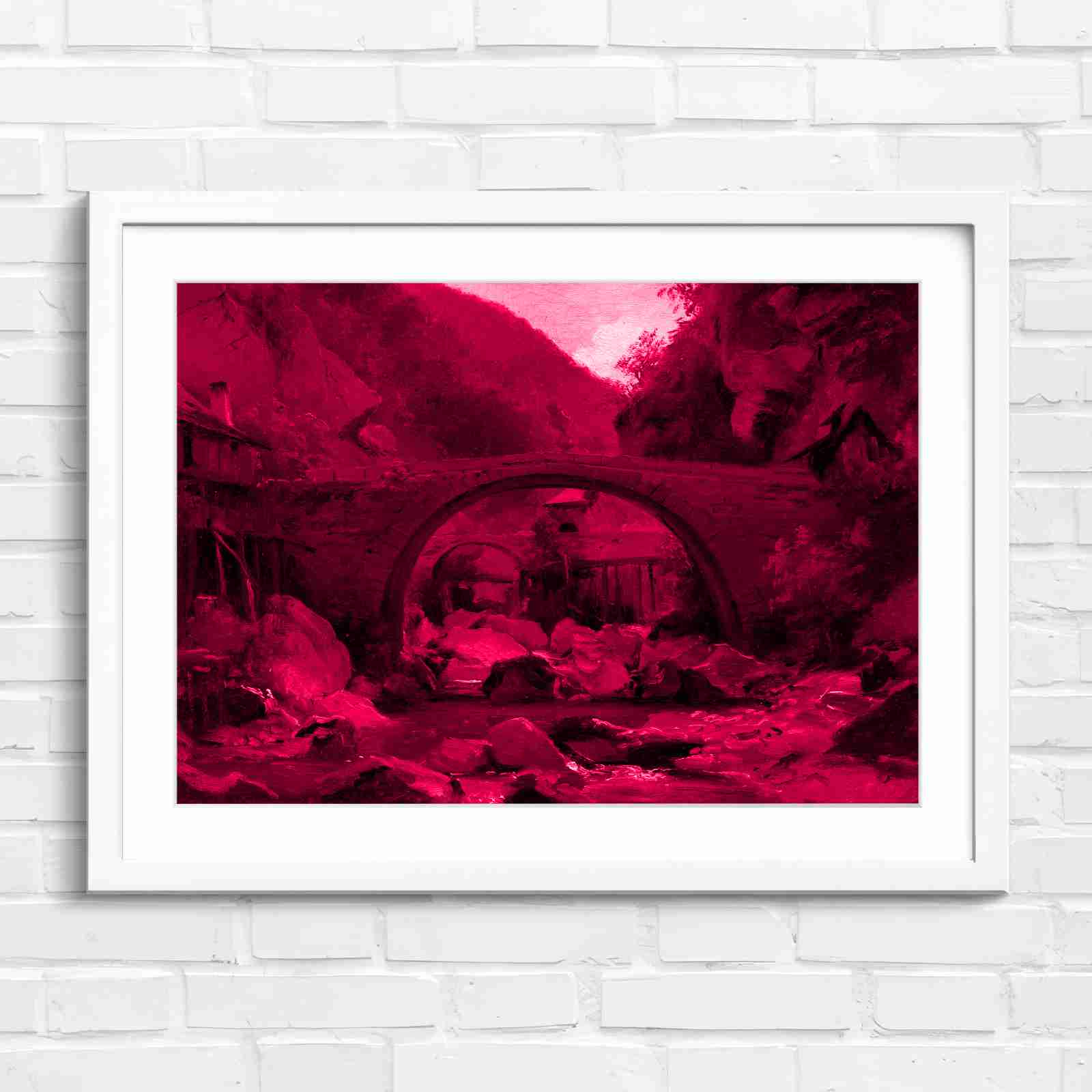 Stone Bridge Countryside Stream Valley - Pink in White Frame