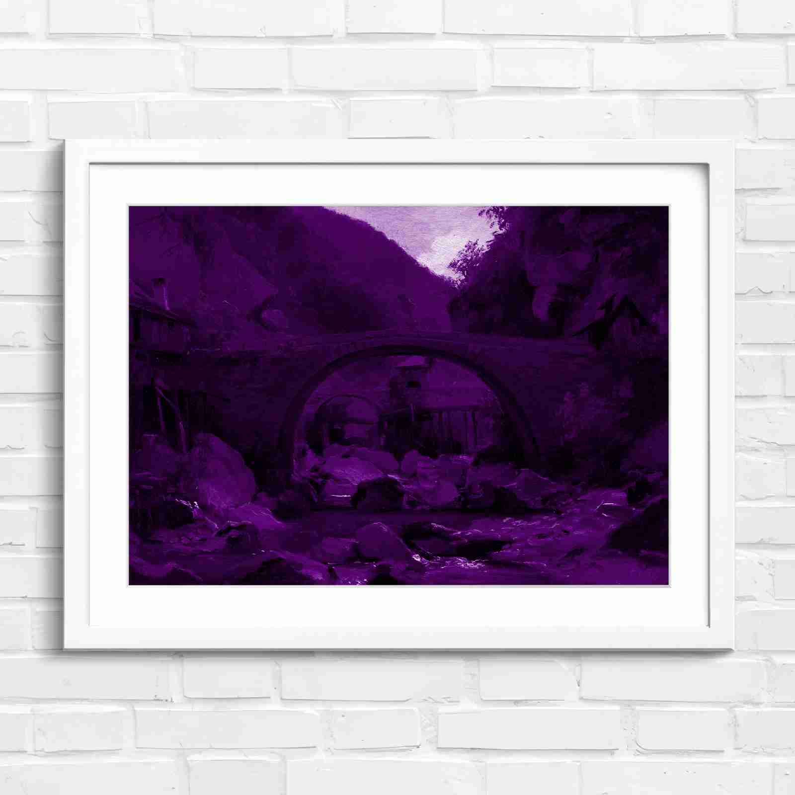 Stone Bridge Countryside Stream Valley - Purple in White Frame