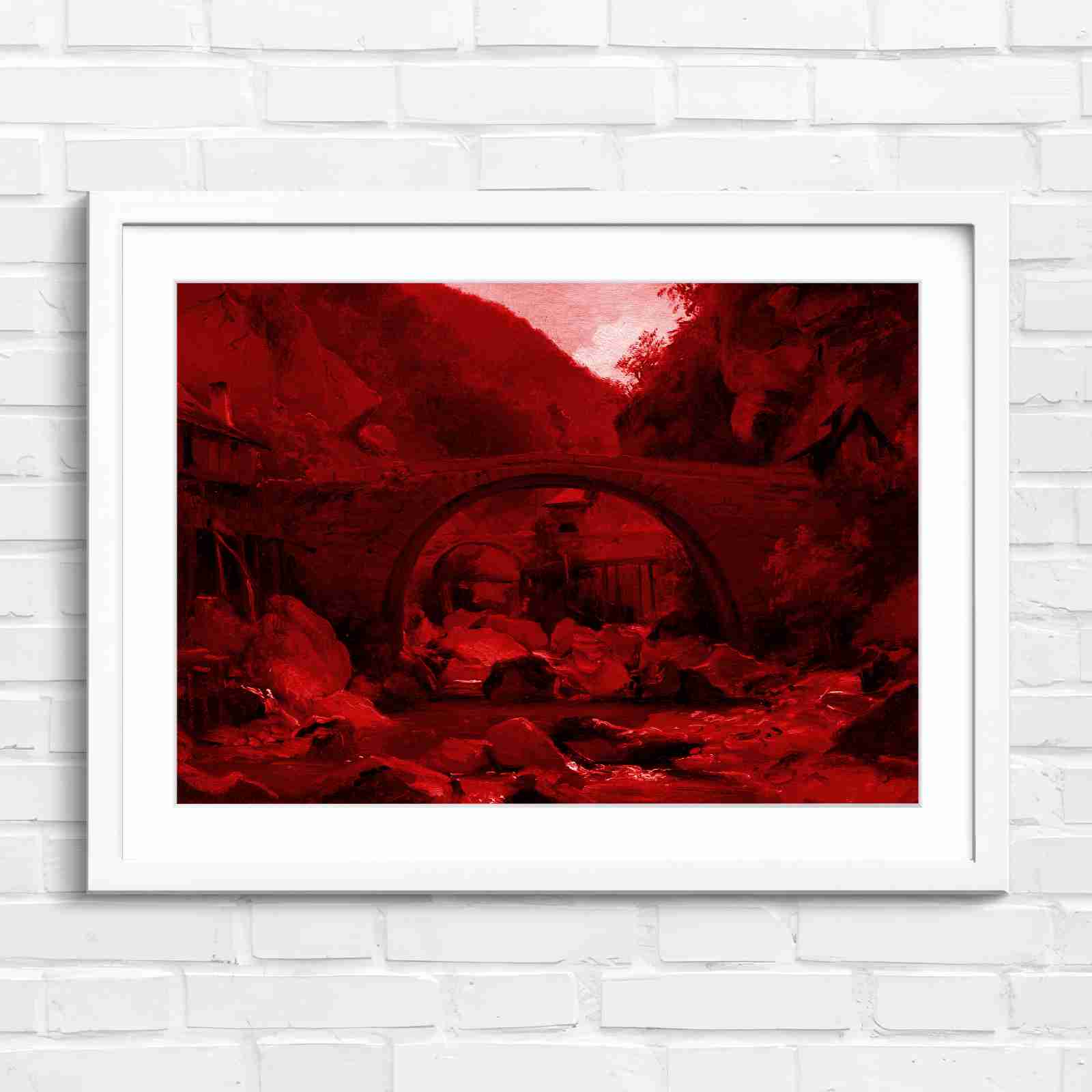 Stone Bridge Countryside Stream Valley - Red in White Frame