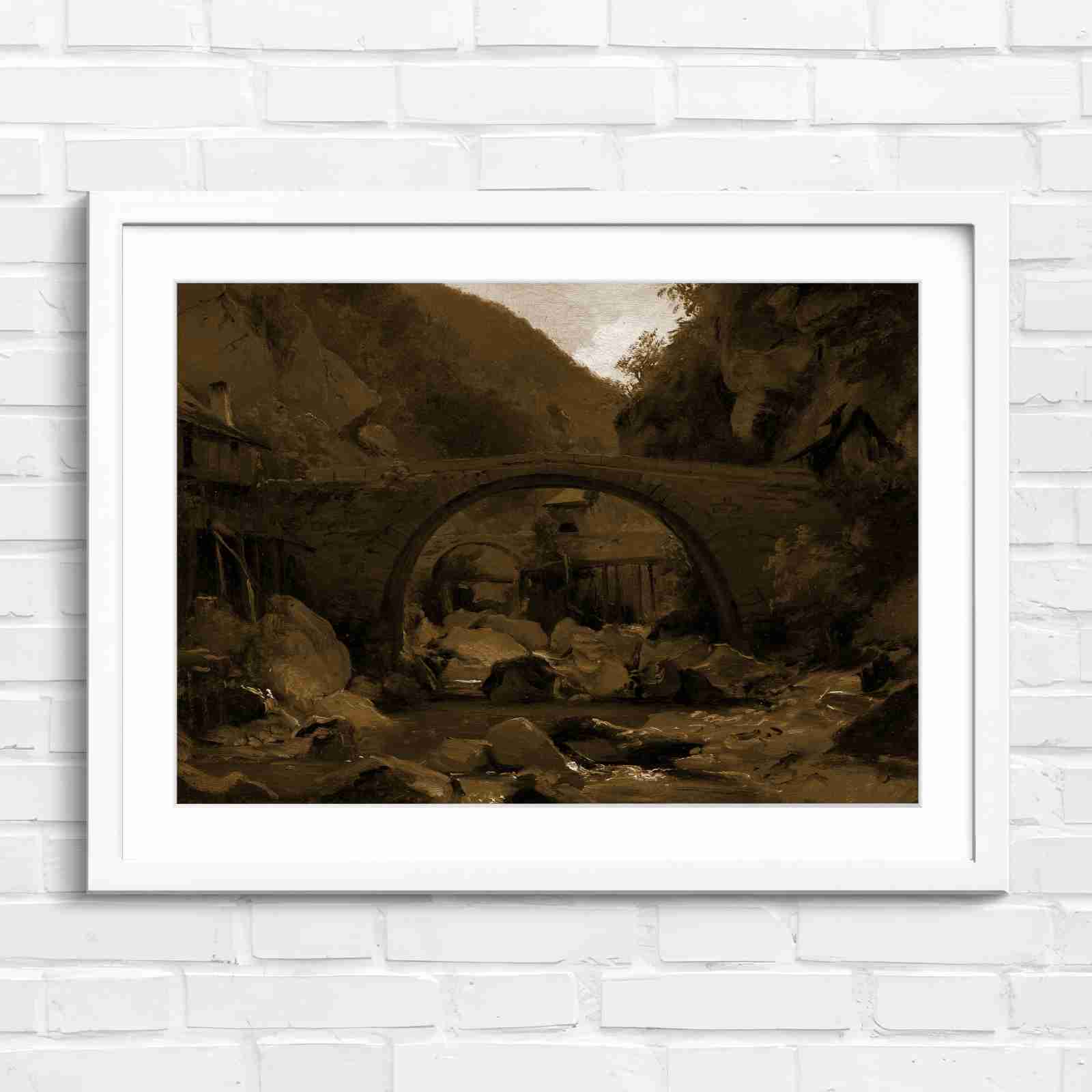 Stone Bridge Countryside Stream Valley - Sepia in White Frame