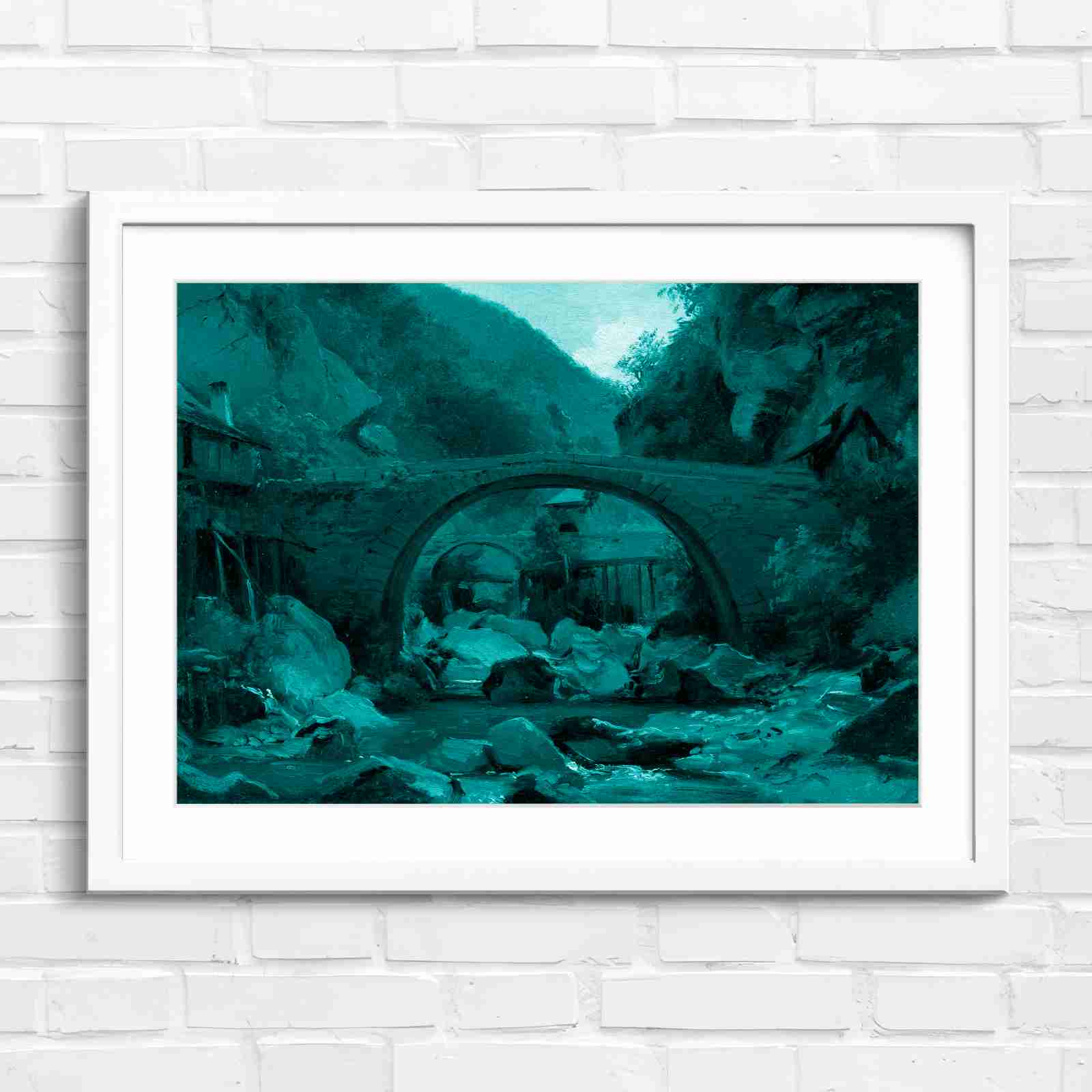 Stone Bridge Countryside Stream Valley - Teal in White Frame
