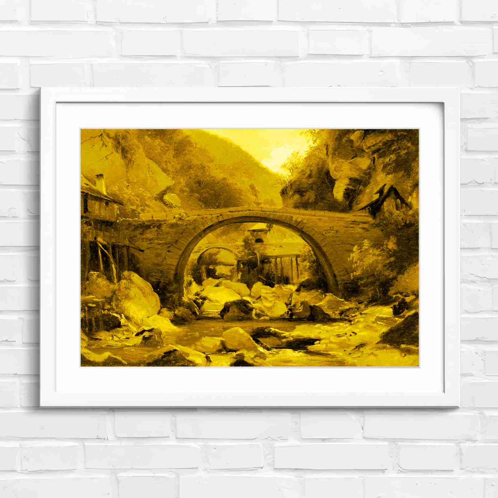 Stone Bridge Countryside Stream Valley - Yellow in White Frame