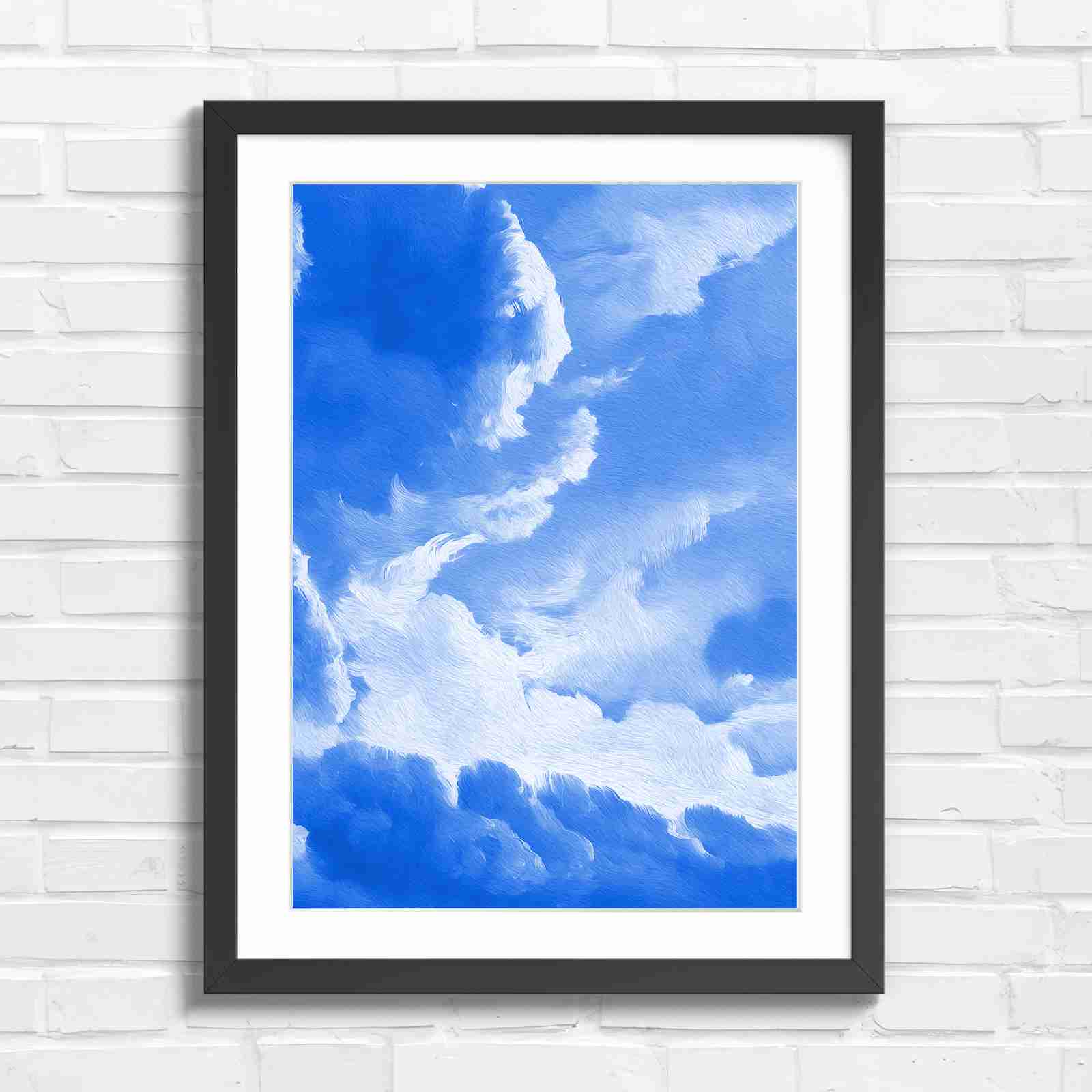 Dreamy Soft Clouds Grey Sky - Blue in Black Frame