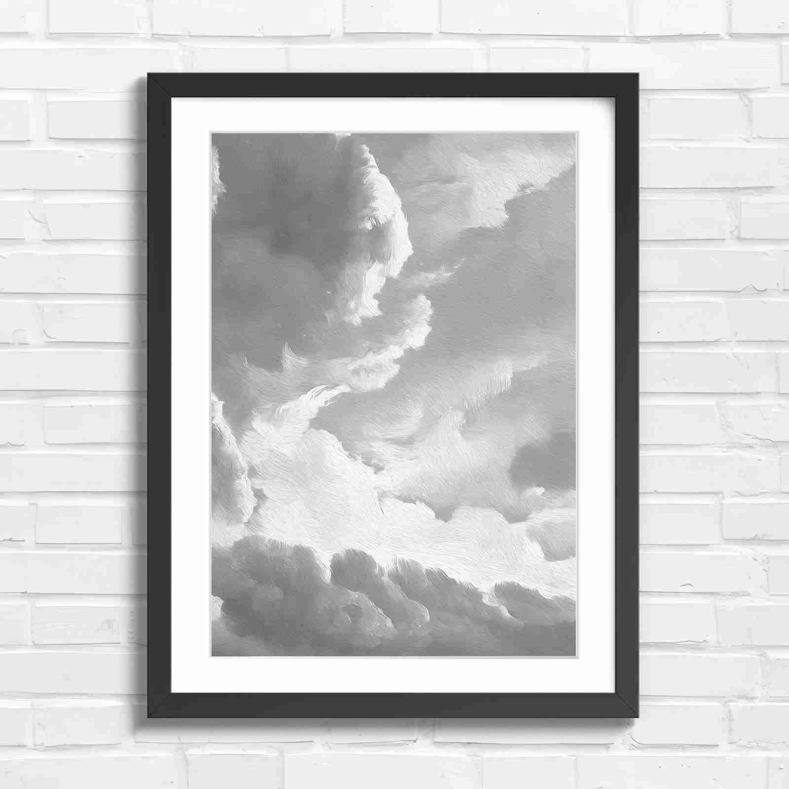 Dreamy Soft Clouds Grey Sky - Black & White in Black Frame