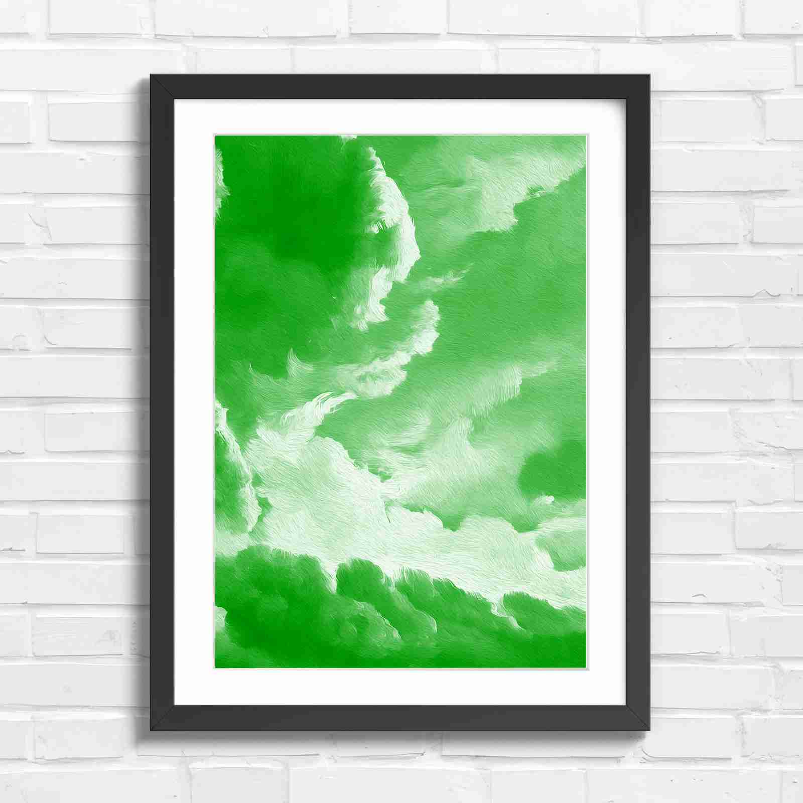 Dreamy Soft Clouds Grey Sky - Green in Black Frame