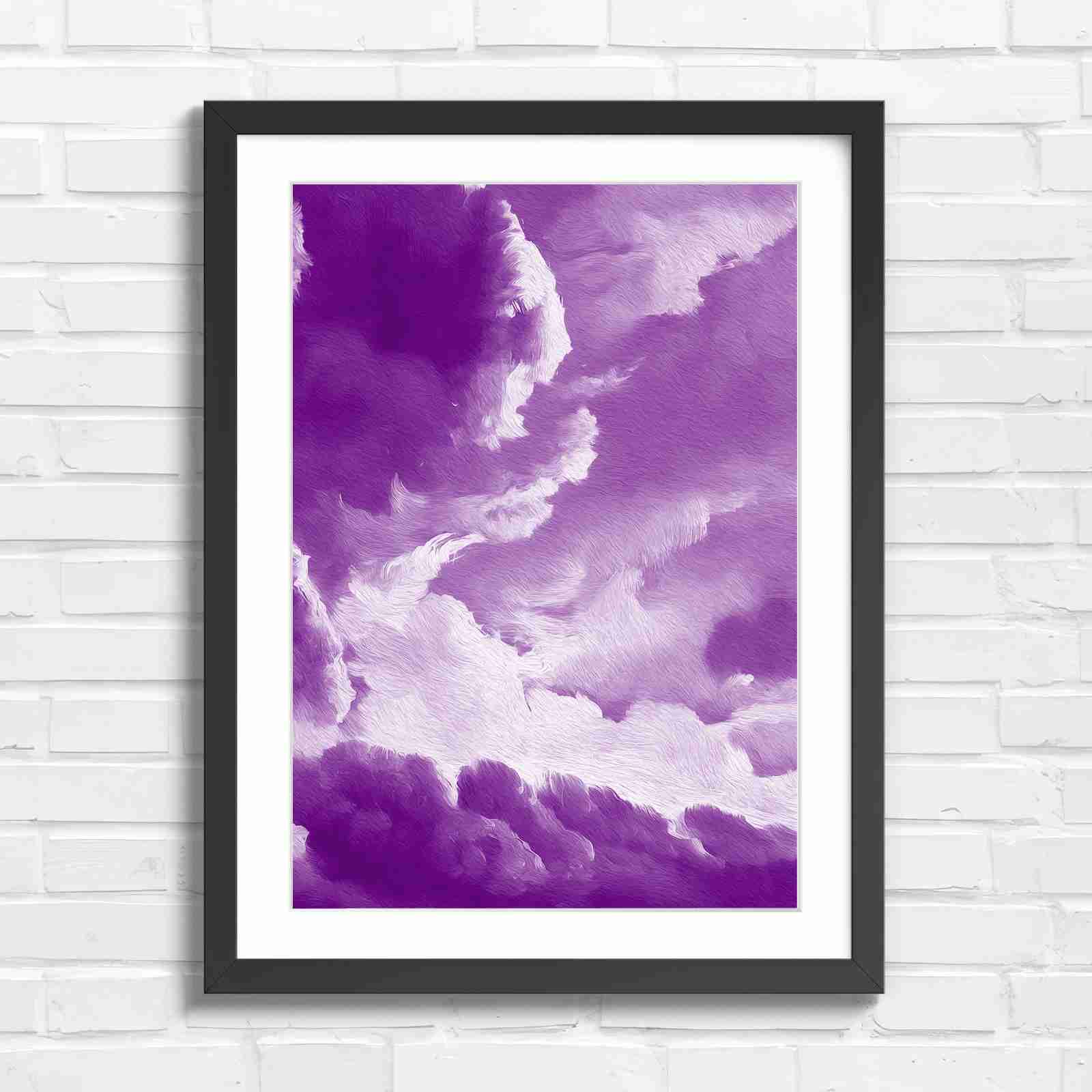 Dreamy Soft Clouds Grey Sky - Purple in Black Frame