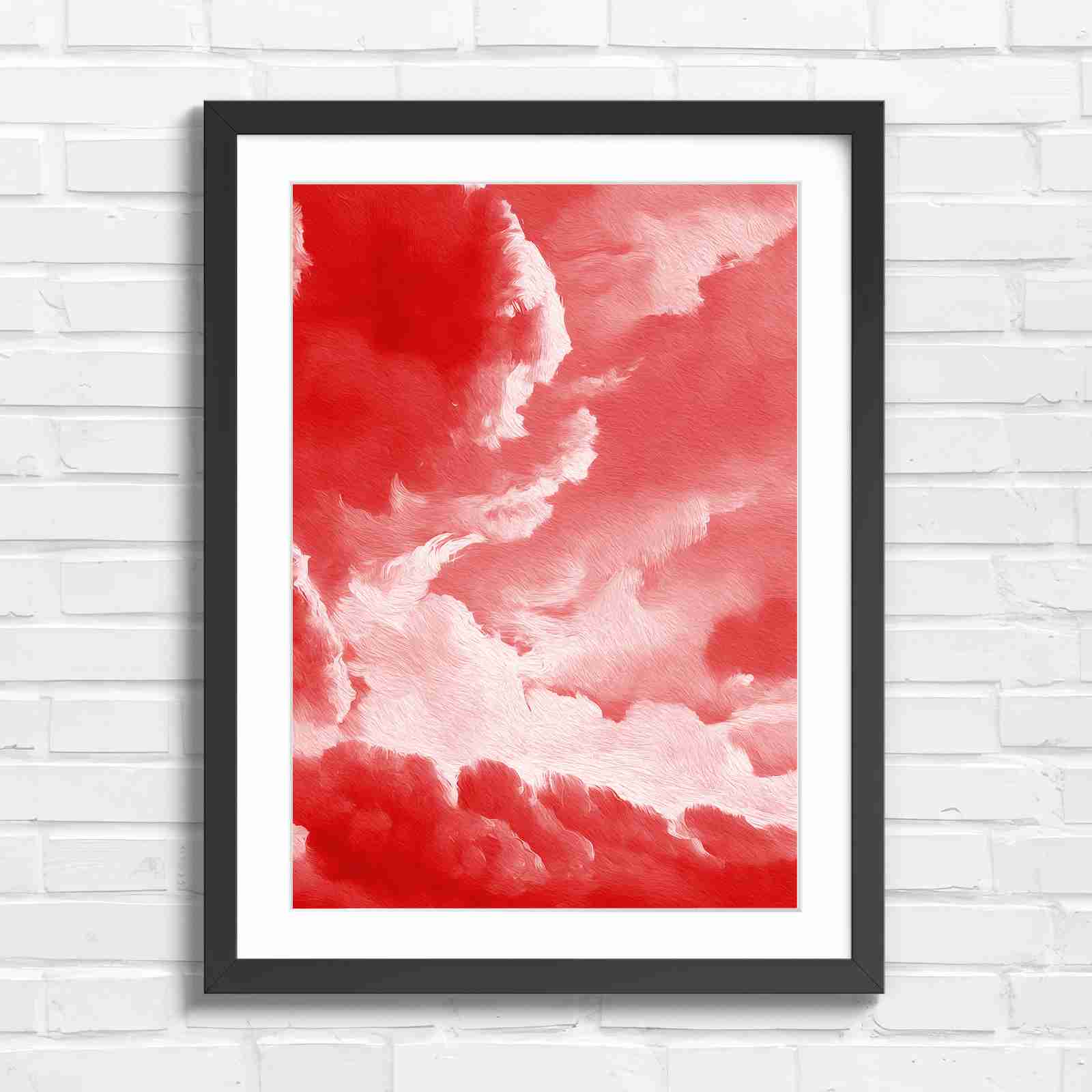 Dreamy Soft Clouds Grey Sky - Red in Black Frame