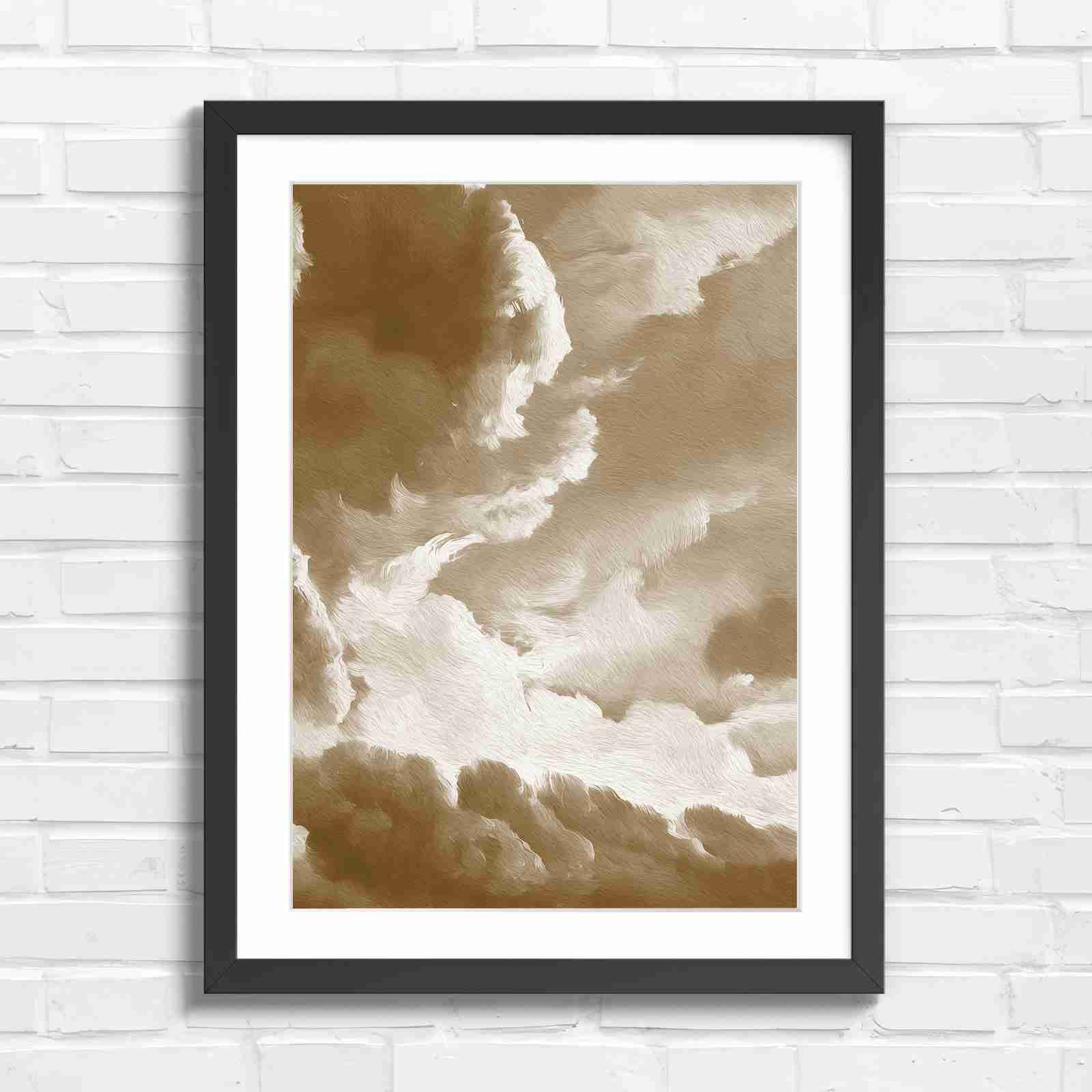 Dreamy Soft Clouds Grey Sky - Sepia in Black Frame