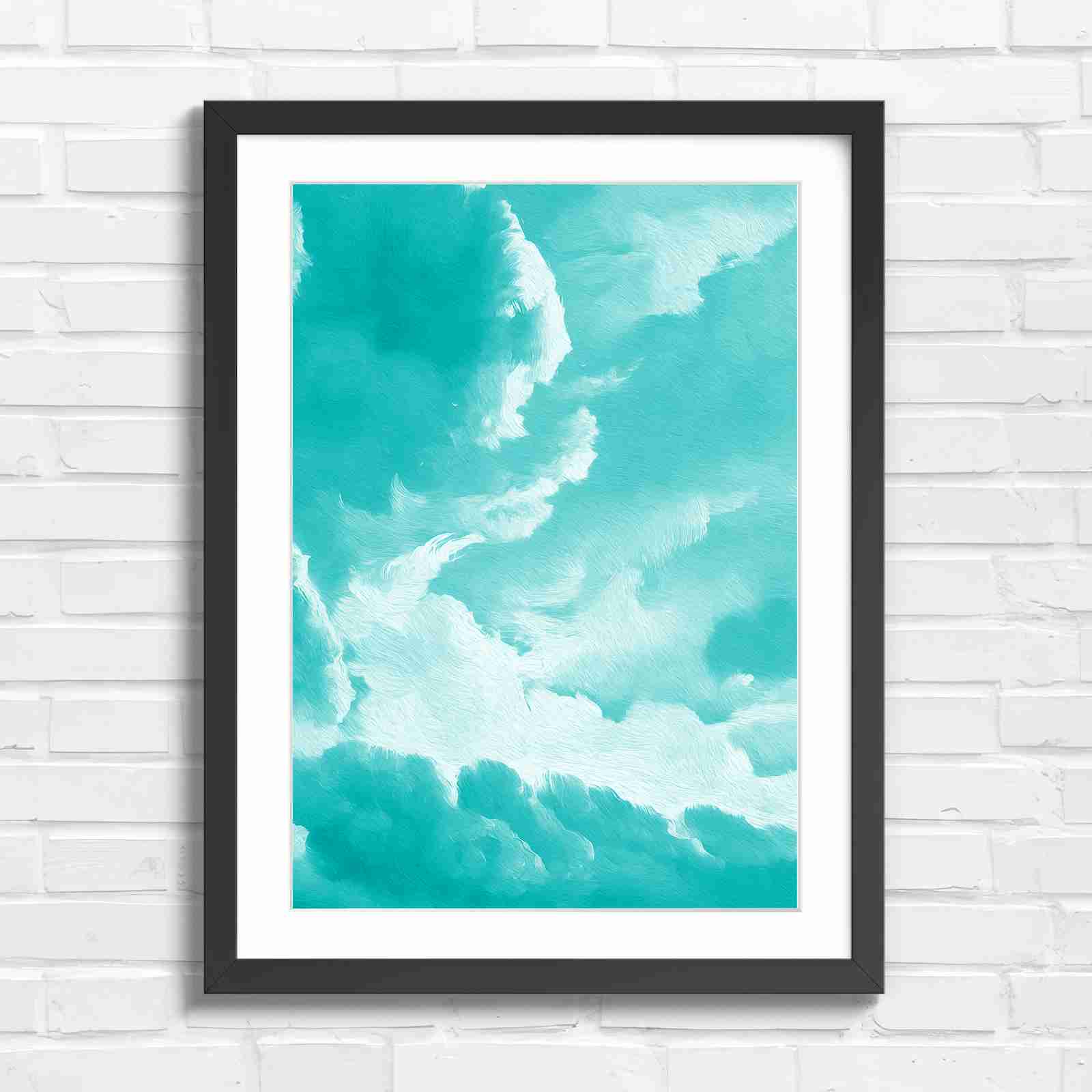 Dreamy Soft Clouds Grey Sky - Teal in Black Frame