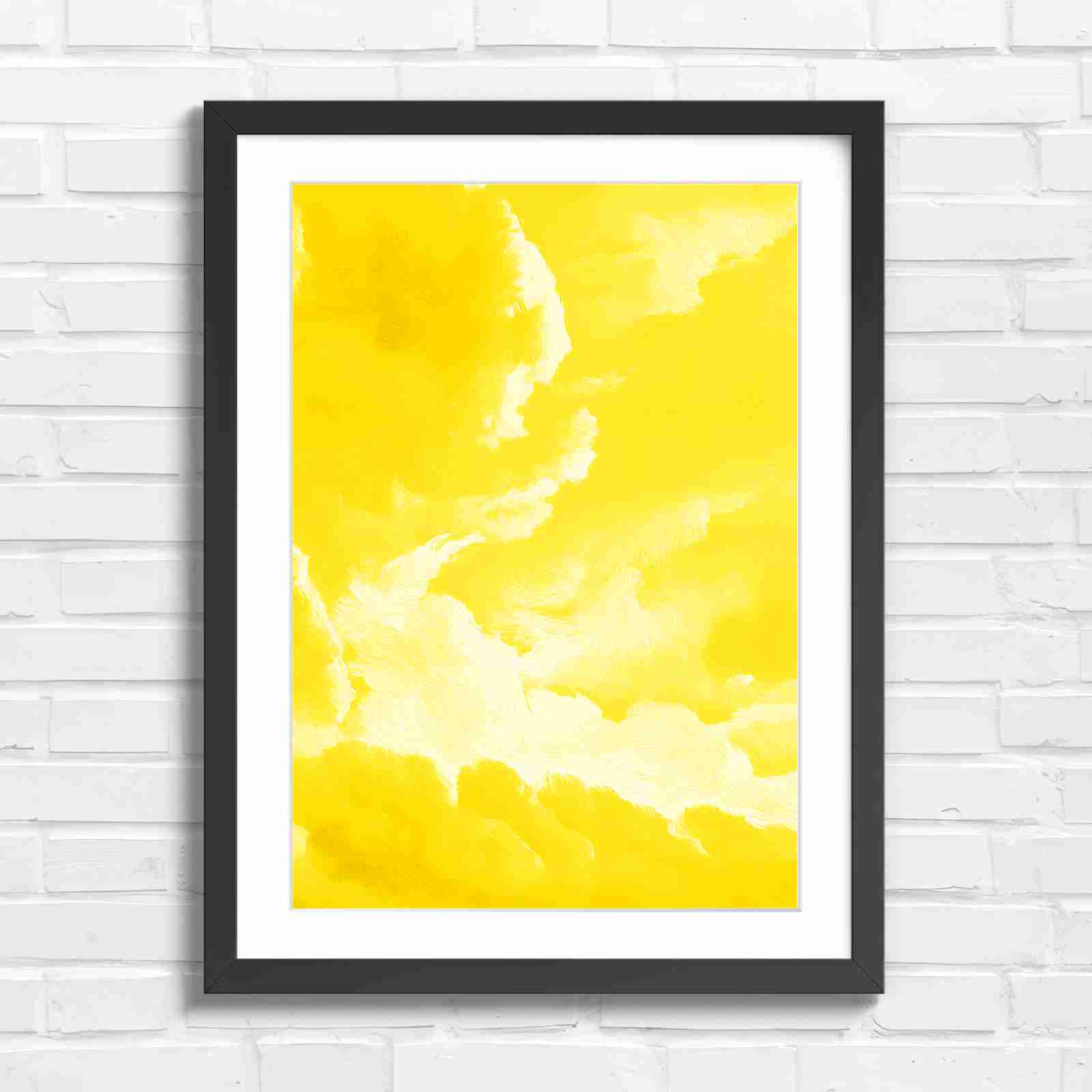 Dreamy Soft Clouds Grey Sky - Yellow in Black Frame
