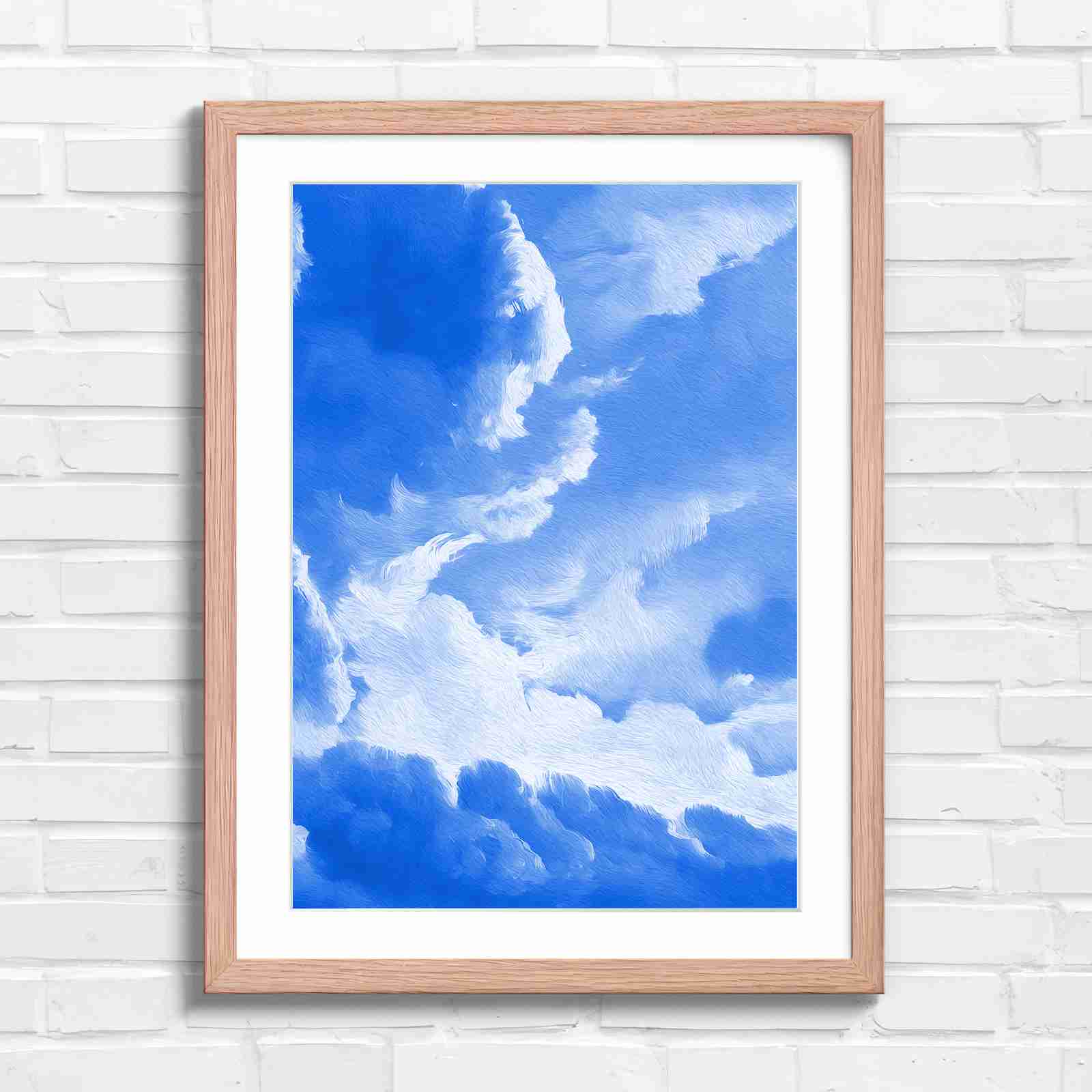 Dreamy Soft Clouds Grey Sky - Blue in Oak Frame