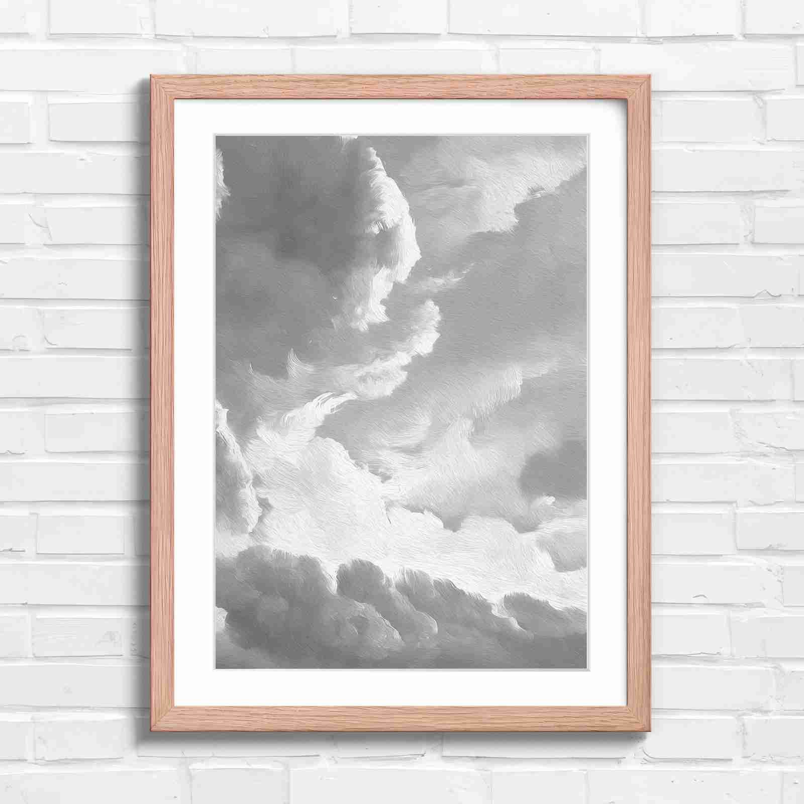 Dreamy Soft Clouds Grey Sky - Black & White in Oak Frame