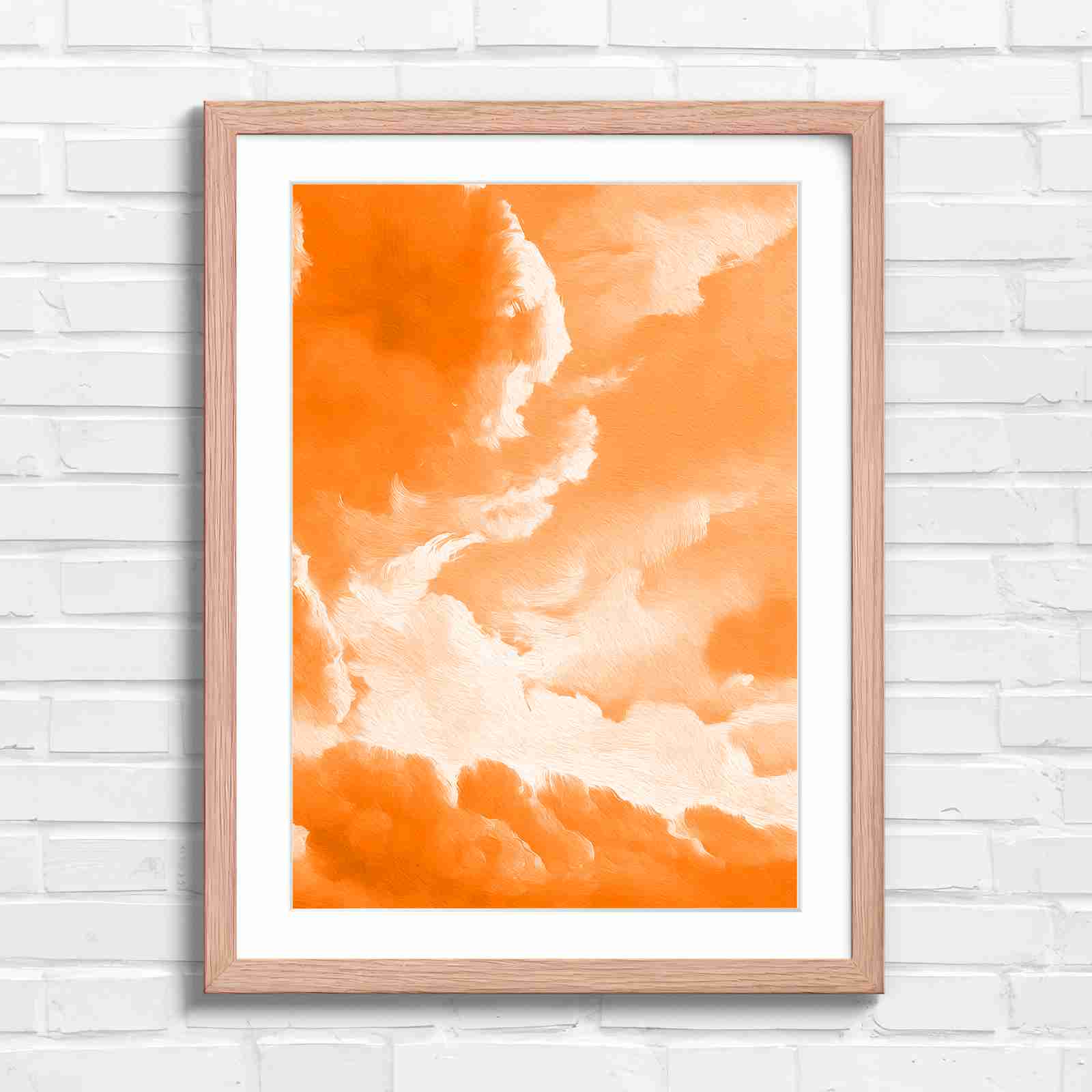 Dreamy Soft Clouds Grey Sky - Orange in Oak Frame