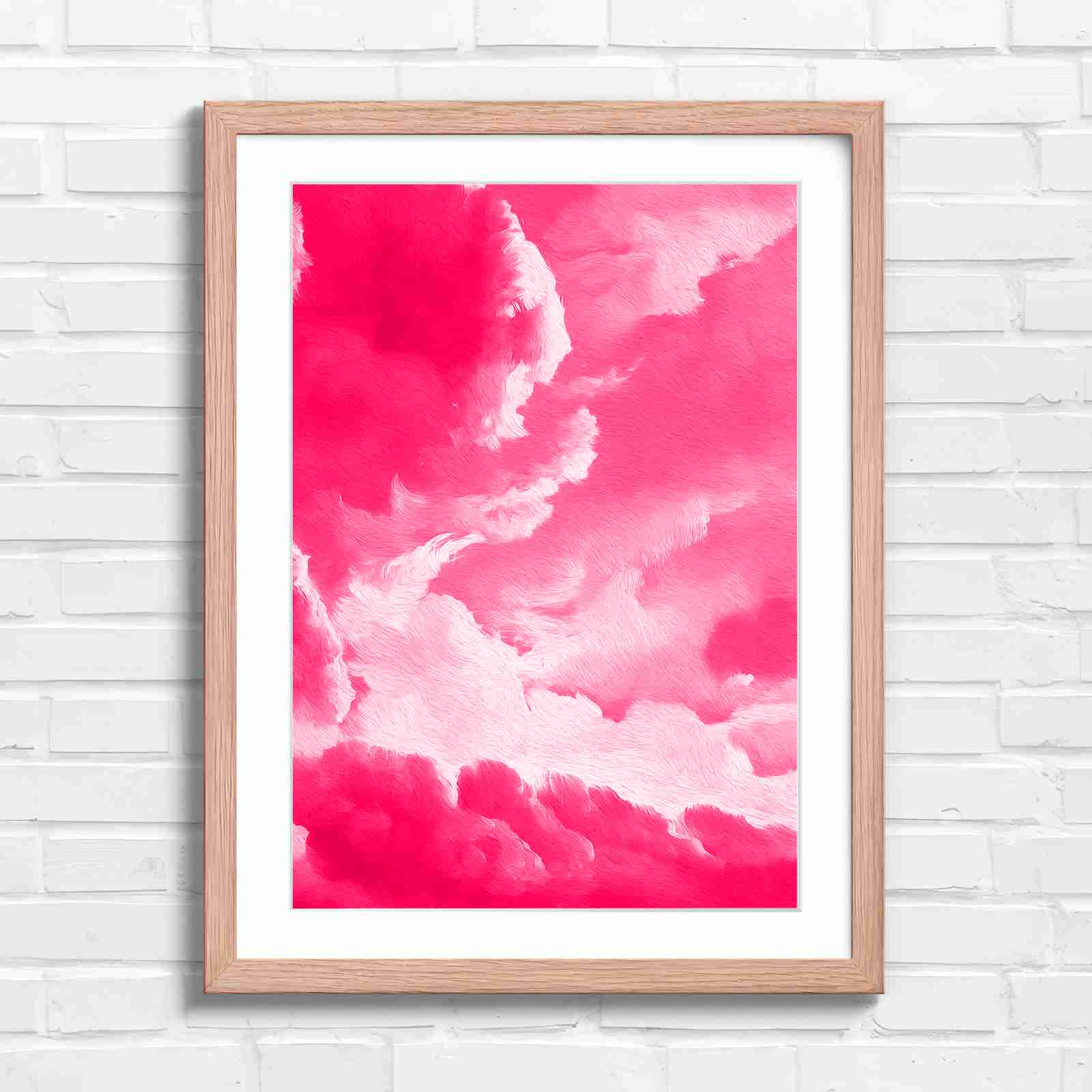 Dreamy Soft Clouds Grey Sky - Pink in Oak Frame