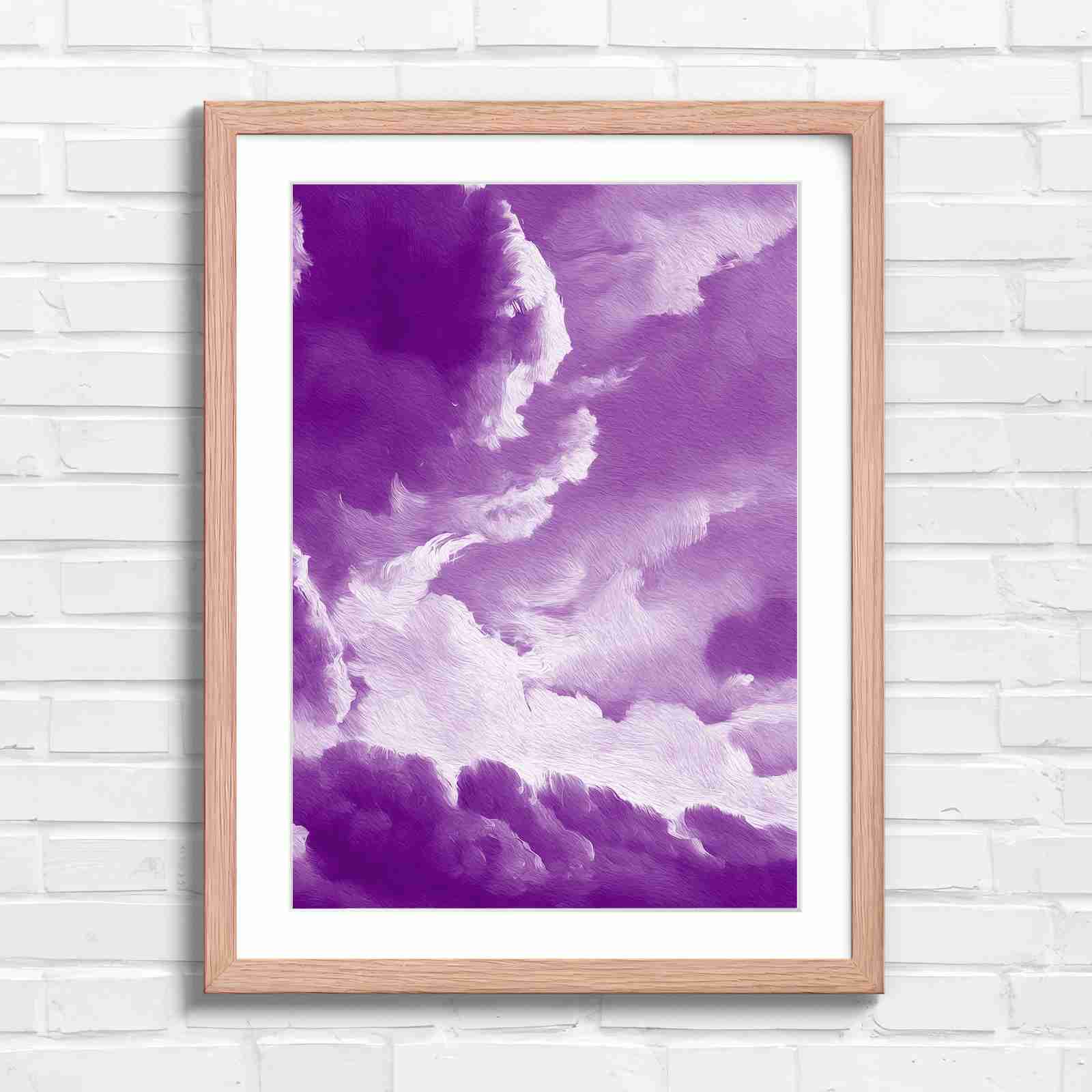 Dreamy Soft Clouds Grey Sky - Purple in Oak Frame