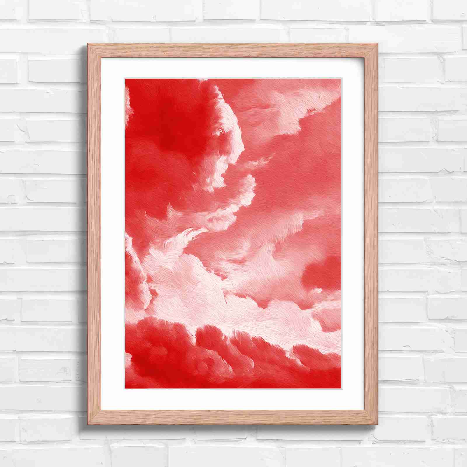 Dreamy Soft Clouds Grey Sky - Red in Oak Frame