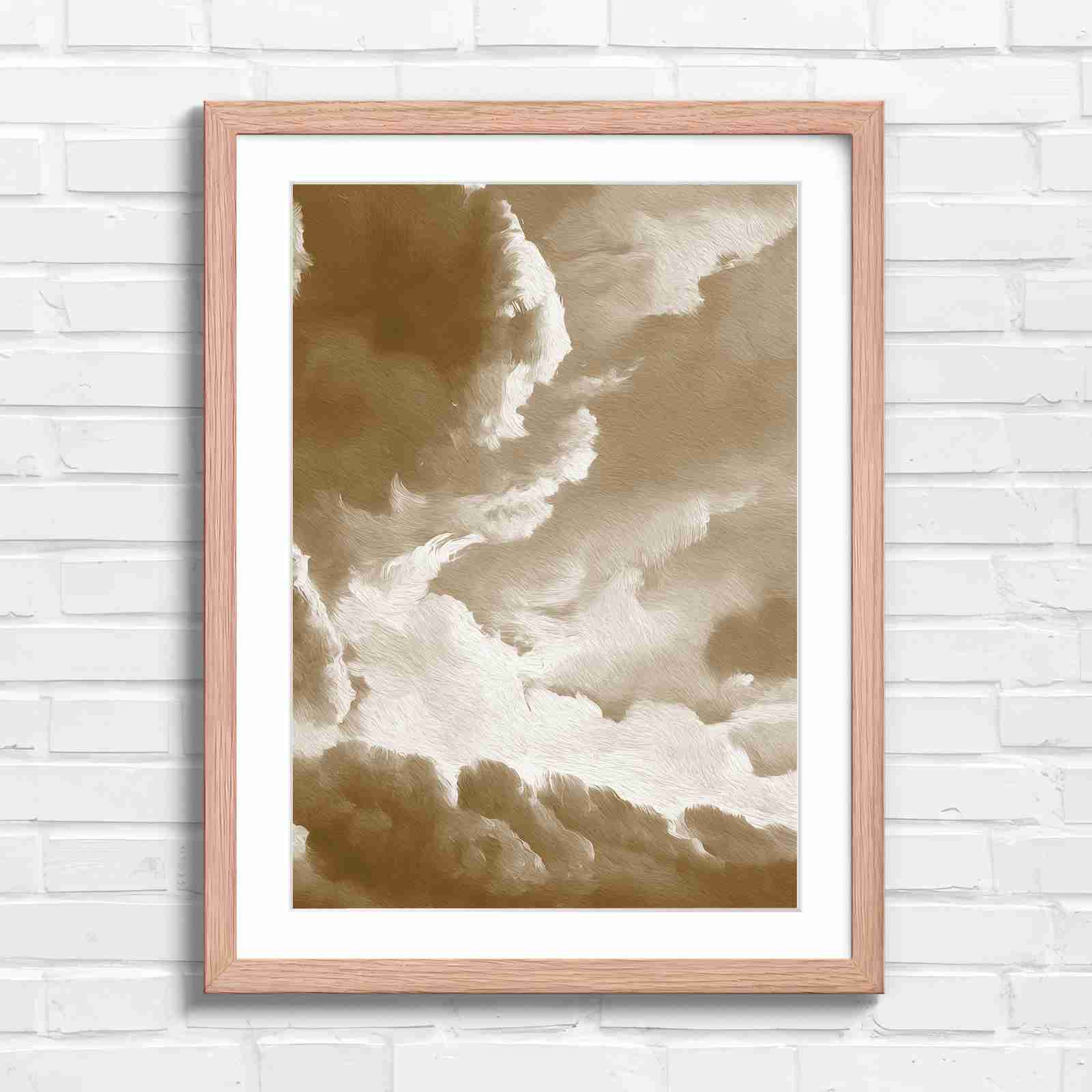 Dreamy Soft Clouds Grey Sky - Sepia in Oak Frame