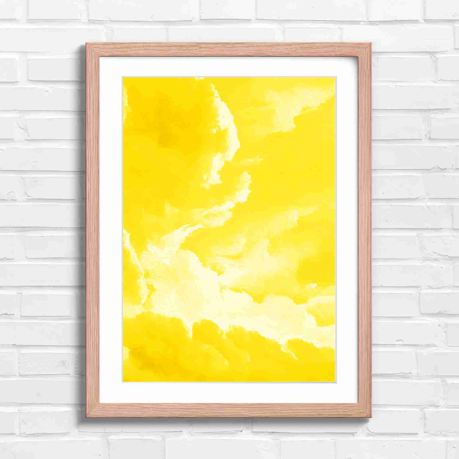Dreamy Soft Clouds Grey Sky - Yellow in Oak Frame