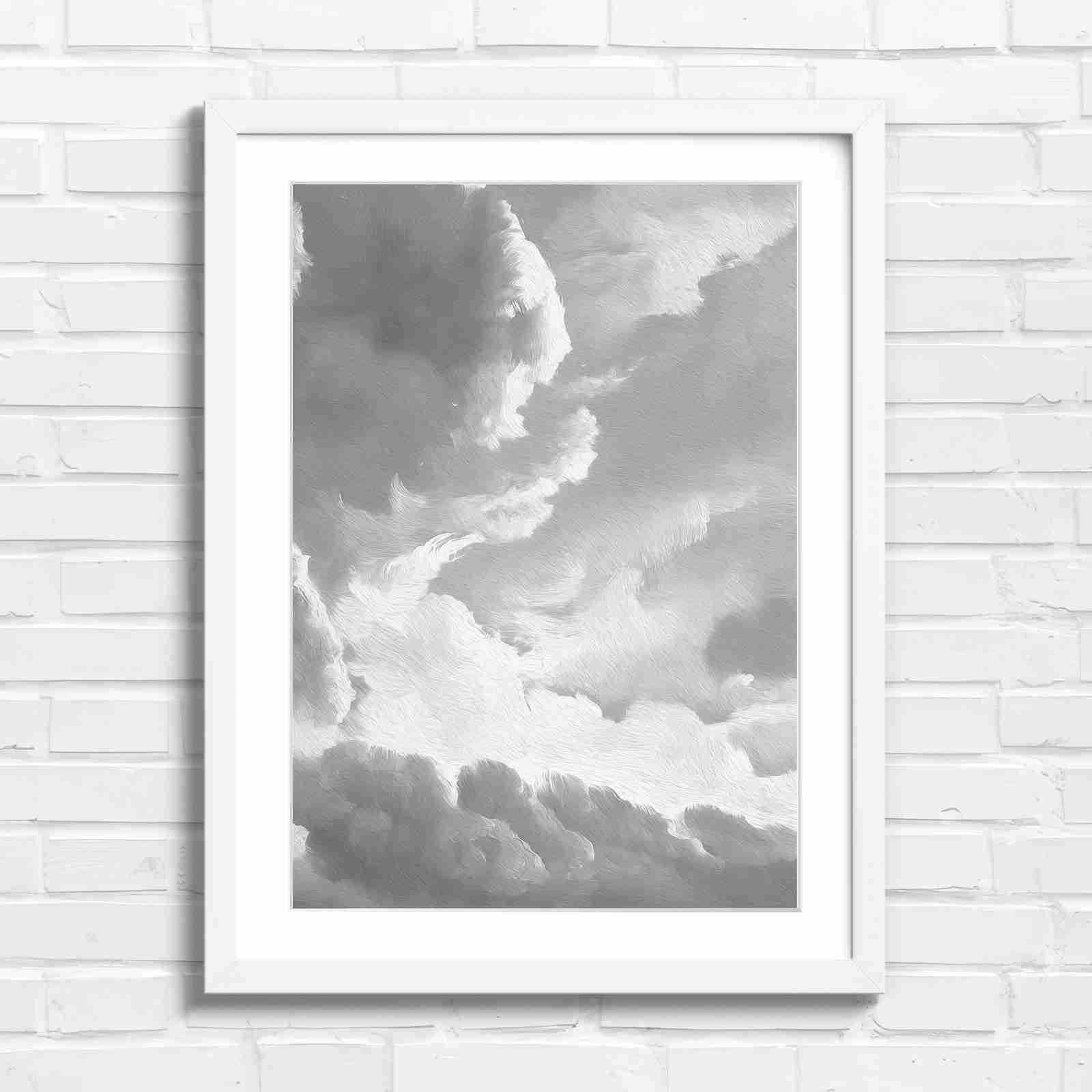 Dreamy Soft Clouds Grey Sky - Black & White in White Frame
