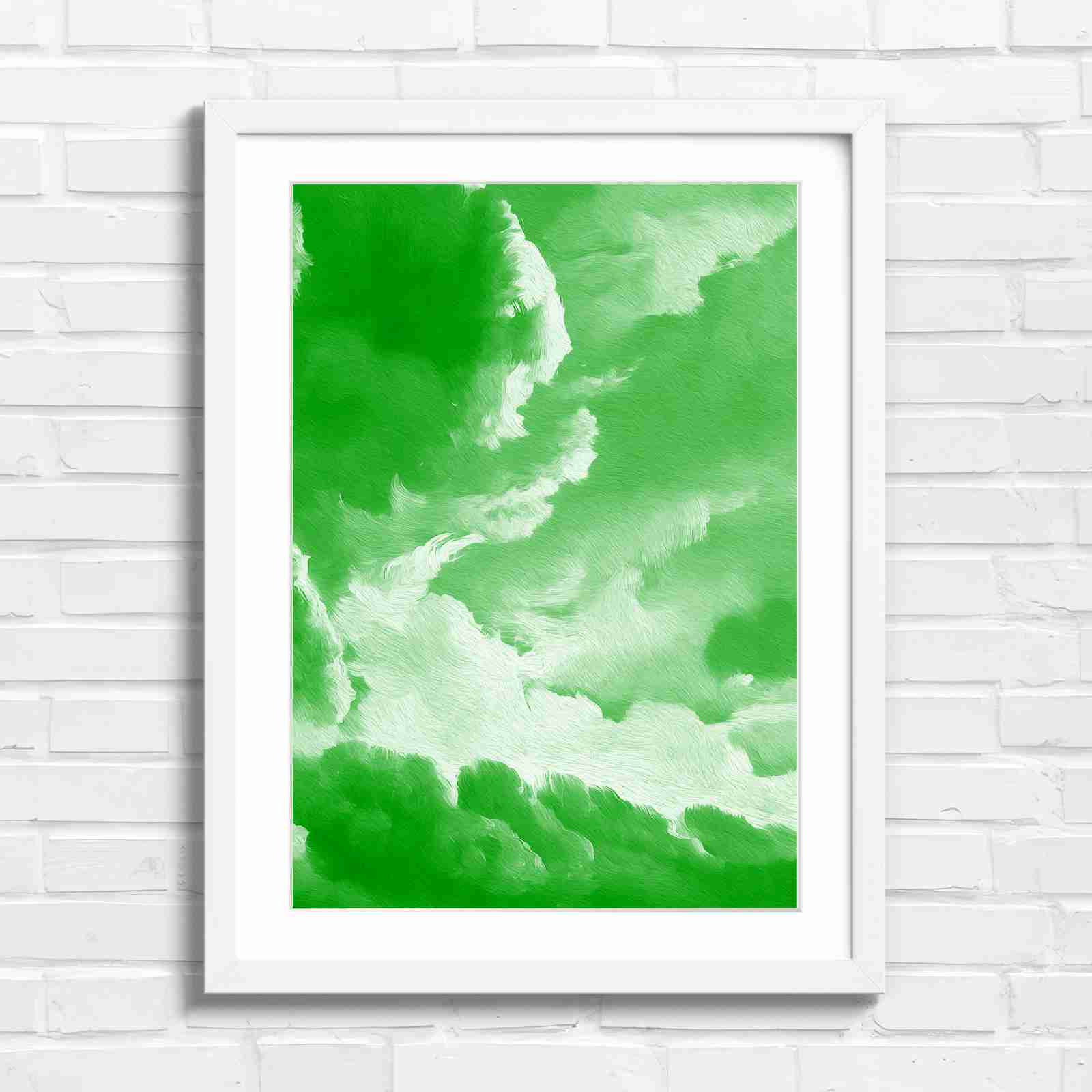 Dreamy Soft Clouds Grey Sky - Green in White Frame