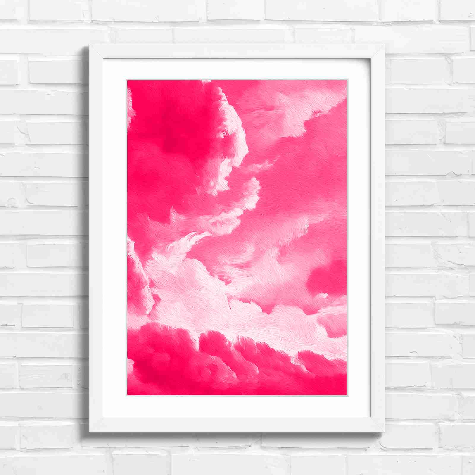 Dreamy Soft Clouds Grey Sky - Pink in White Frame