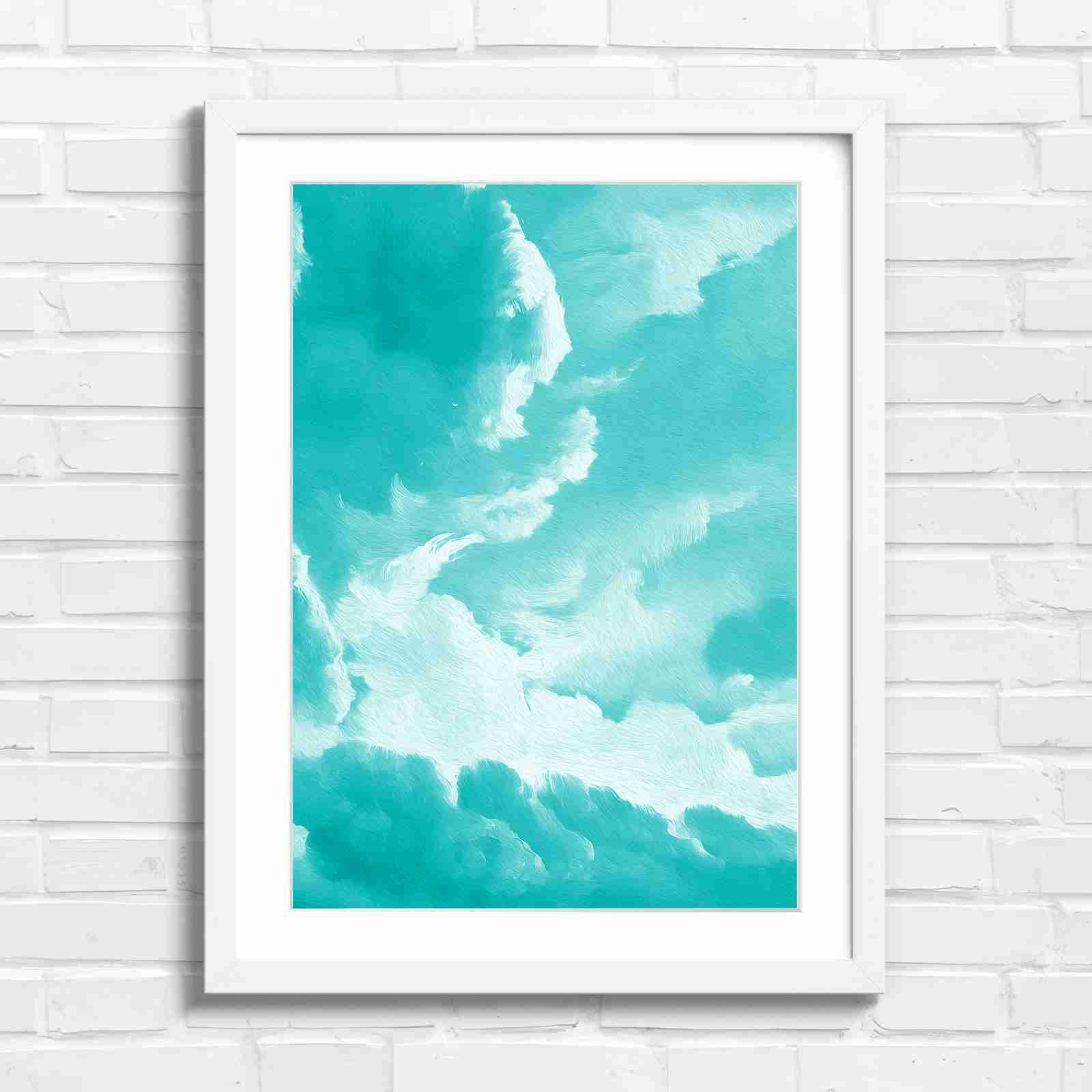 Dreamy Soft Clouds Grey Sky - Teal in White Frame