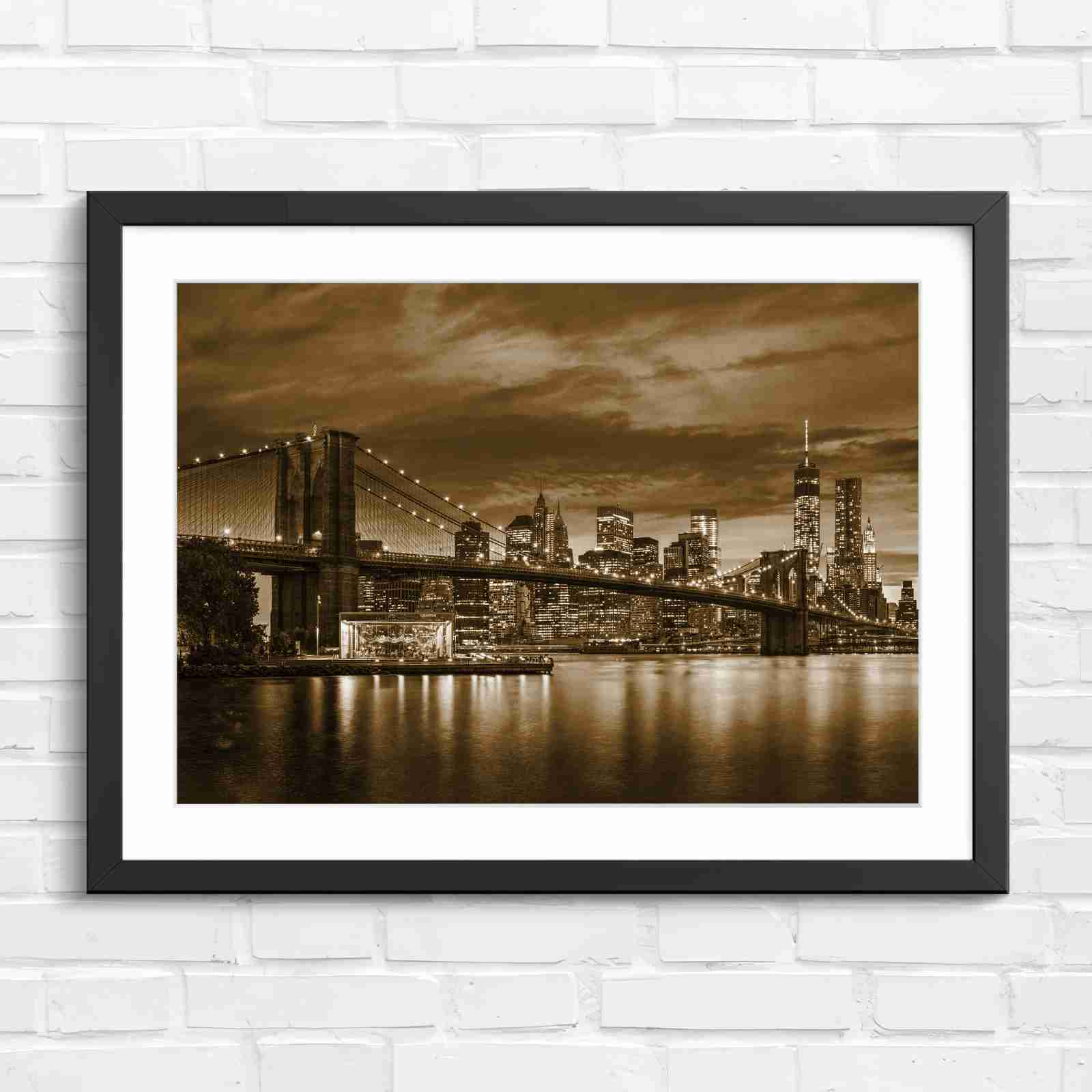 Brooklyn Bridge New York Skyline - Sepia in Black Frame