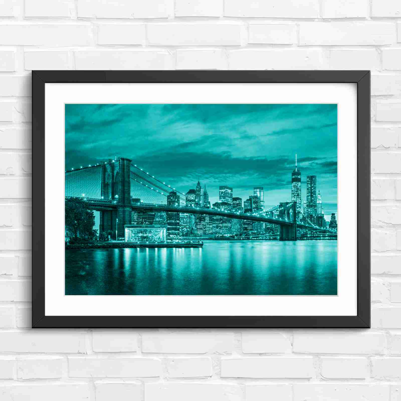 Brooklyn Bridge New York Skyline - Teal in Black Frame