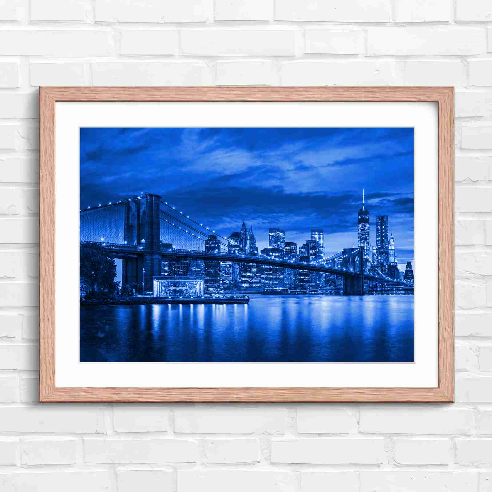 Brooklyn Bridge New York Skyline - Blue in Oak Frame