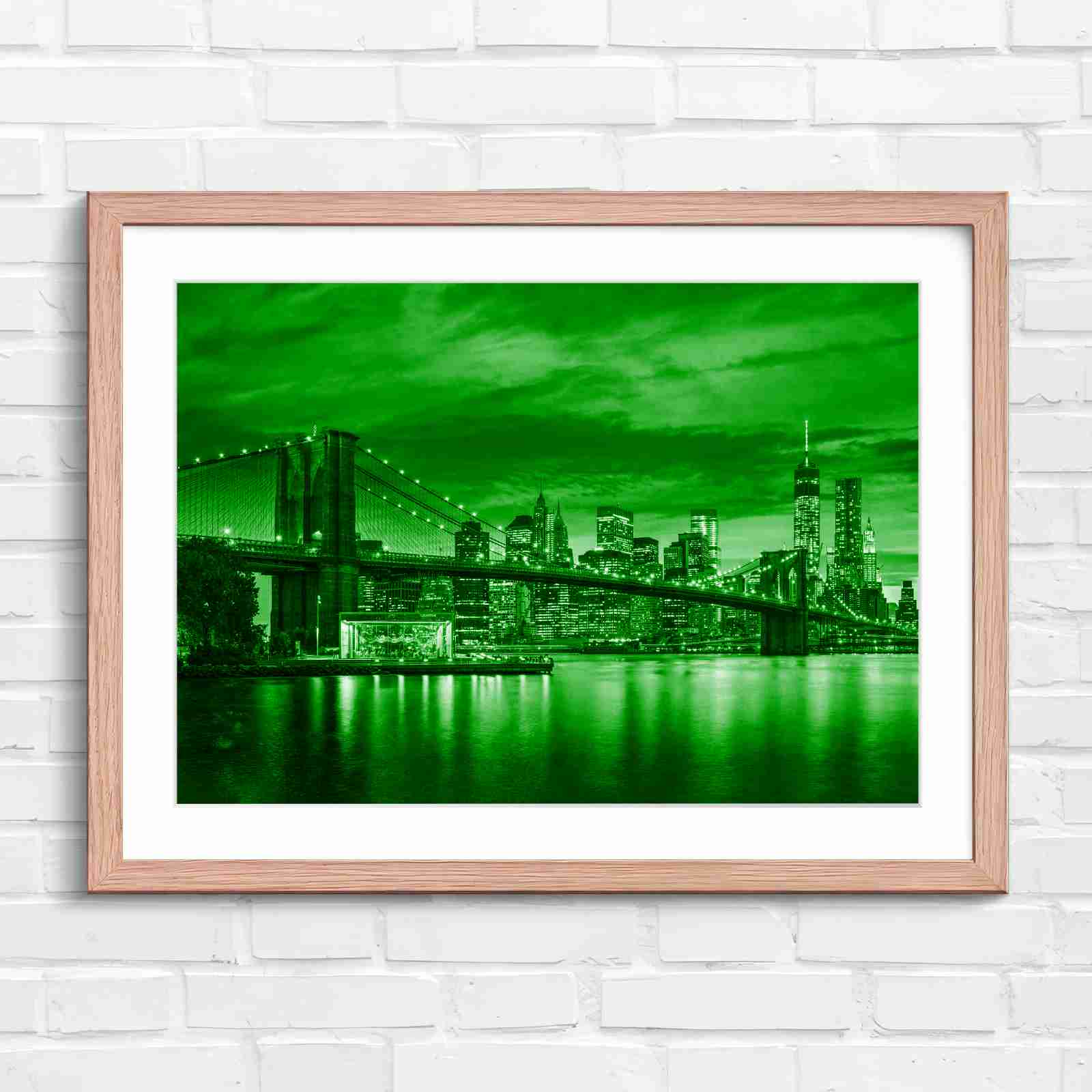 Brooklyn Bridge New York Skyline - Green in Oak Frame