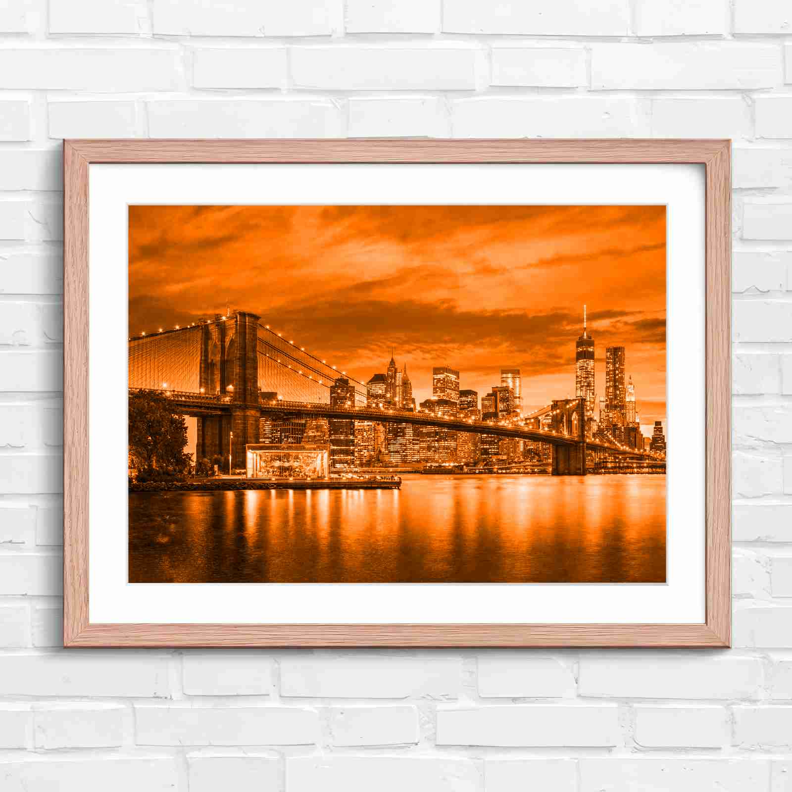 Brooklyn Bridge New York Skyline - Orange in Oak Frame