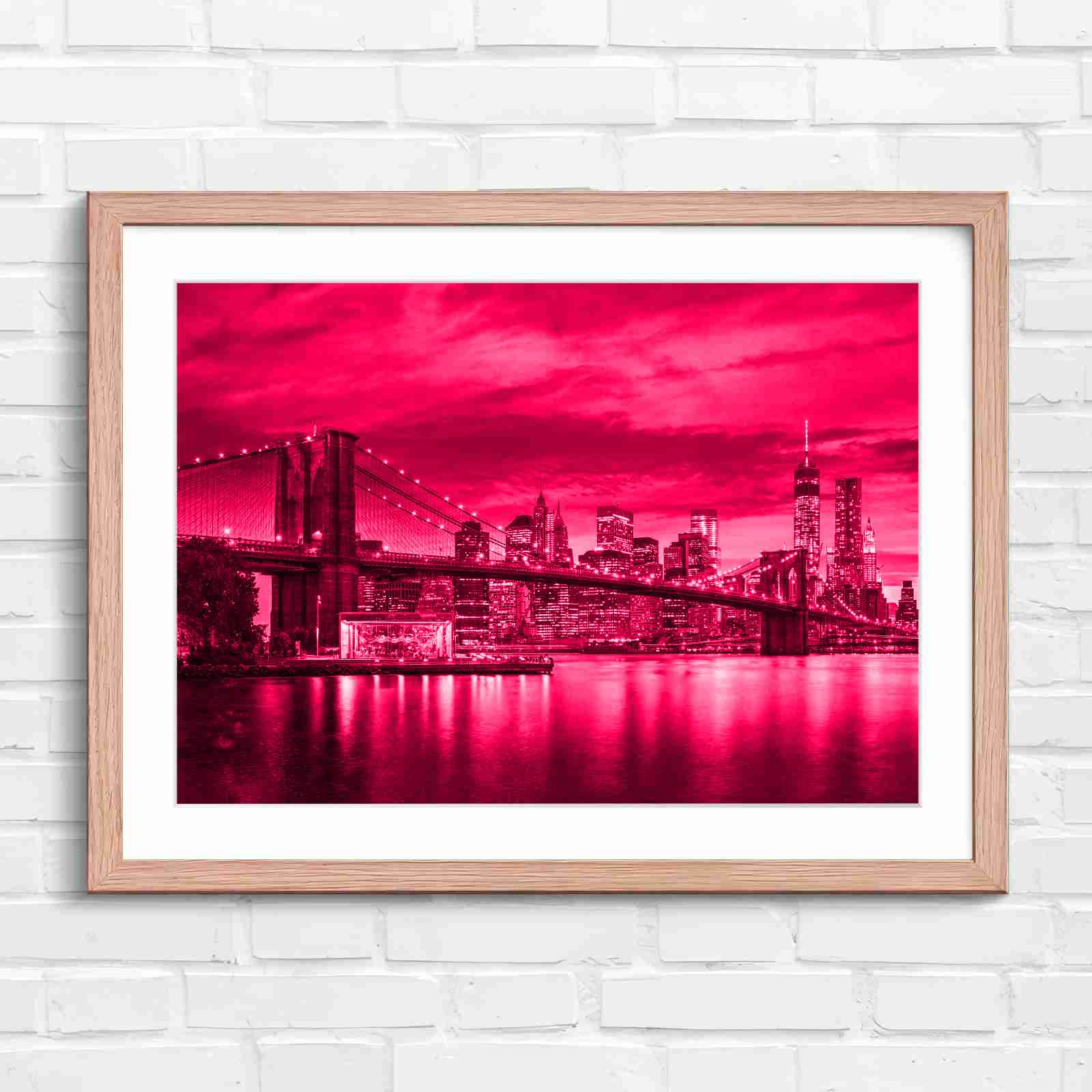 Brooklyn Bridge New York Skyline - Pink in Oak Frame