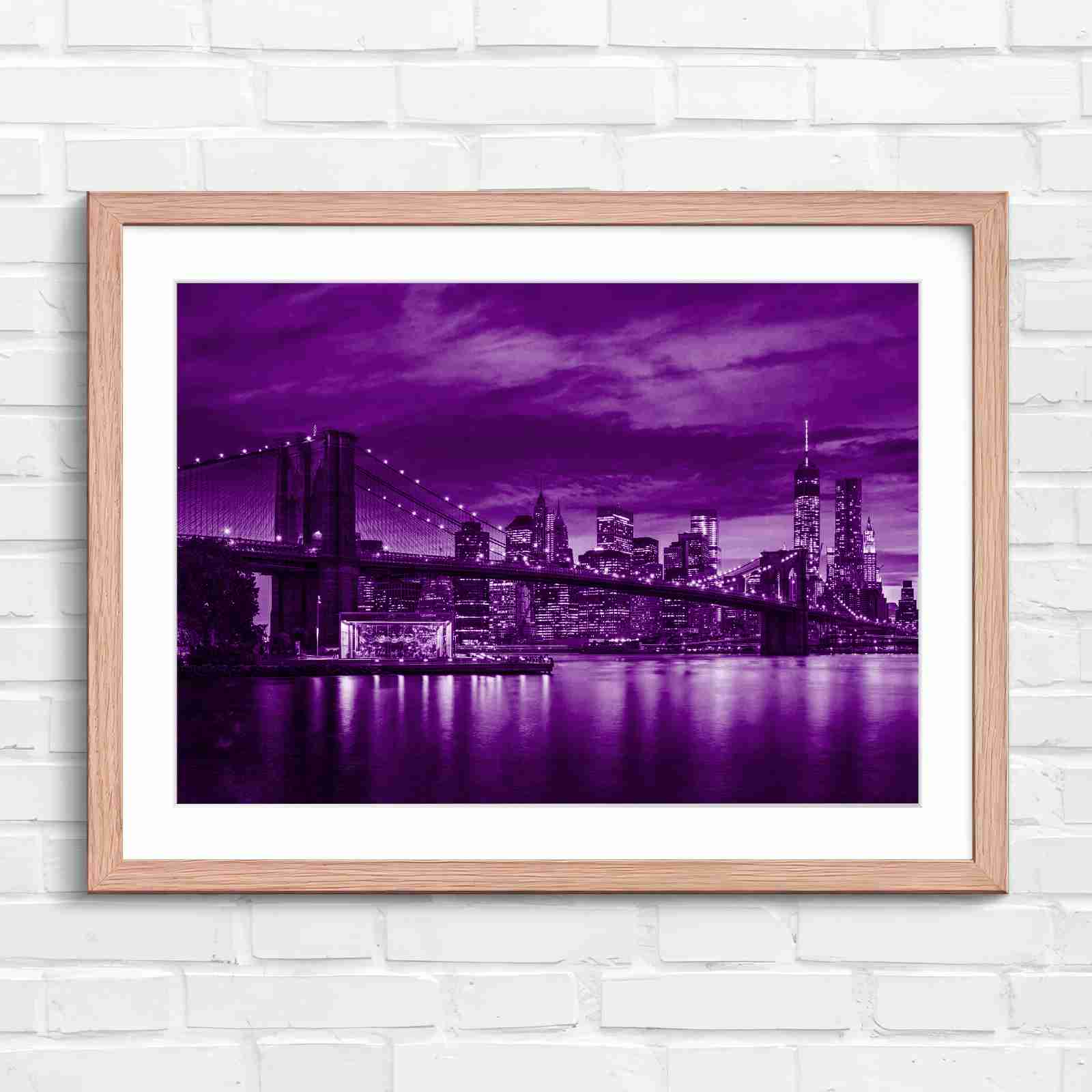 Brooklyn Bridge New York Skyline - Purple in Oak Frame