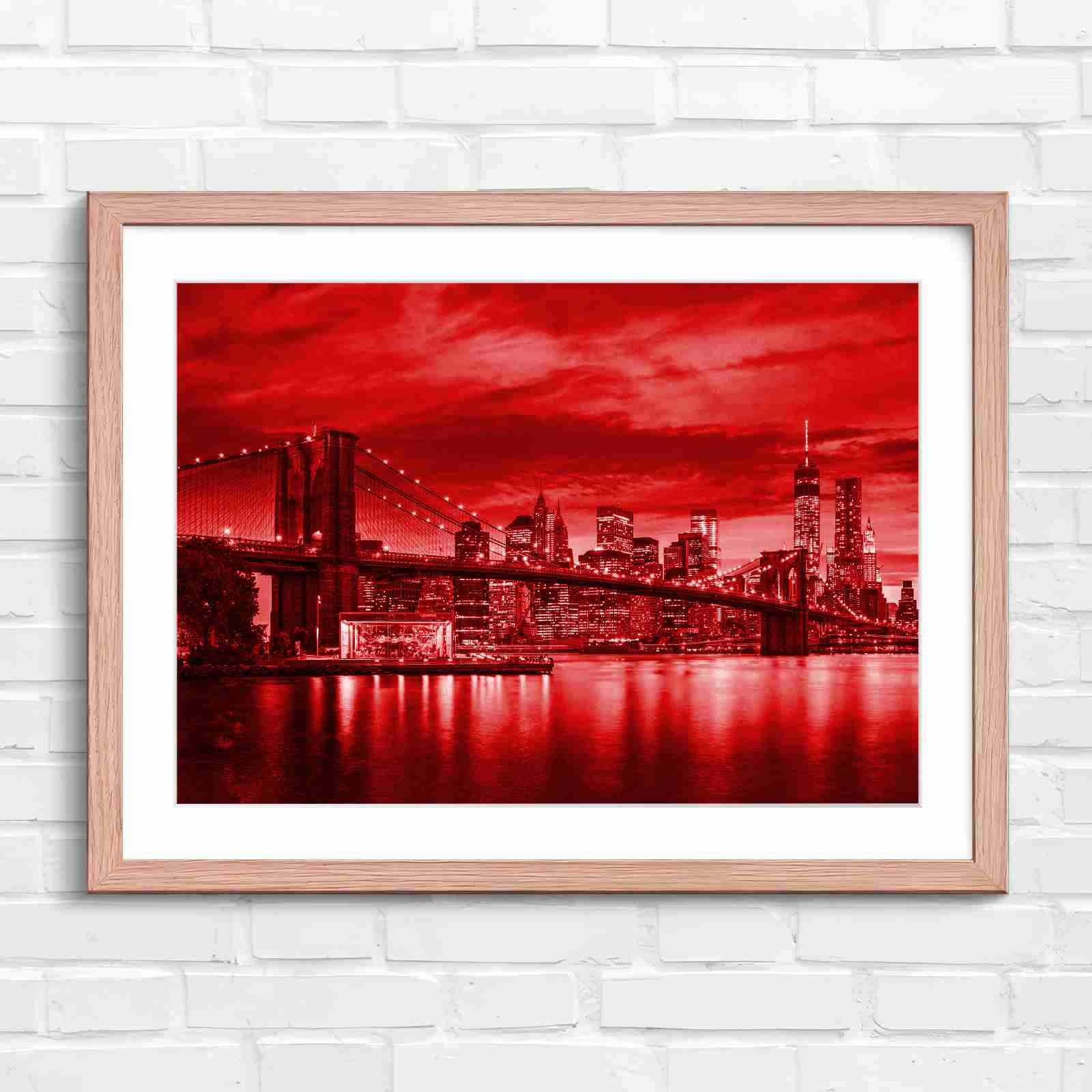 Brooklyn Bridge New York Skyline - Red in Oak Frame