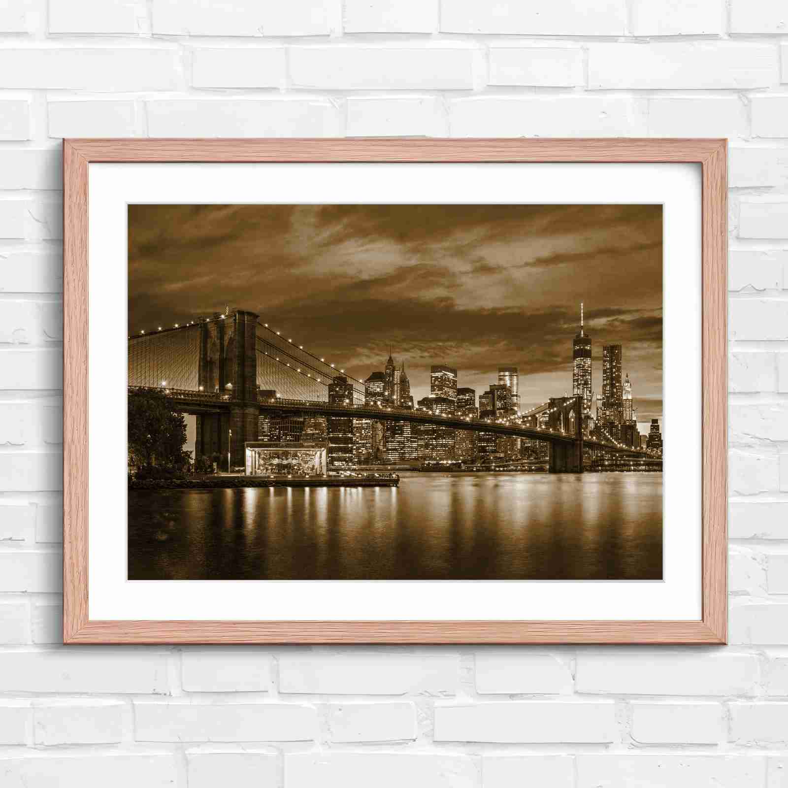 Brooklyn Bridge New York Skyline - Sepia in Oak Frame