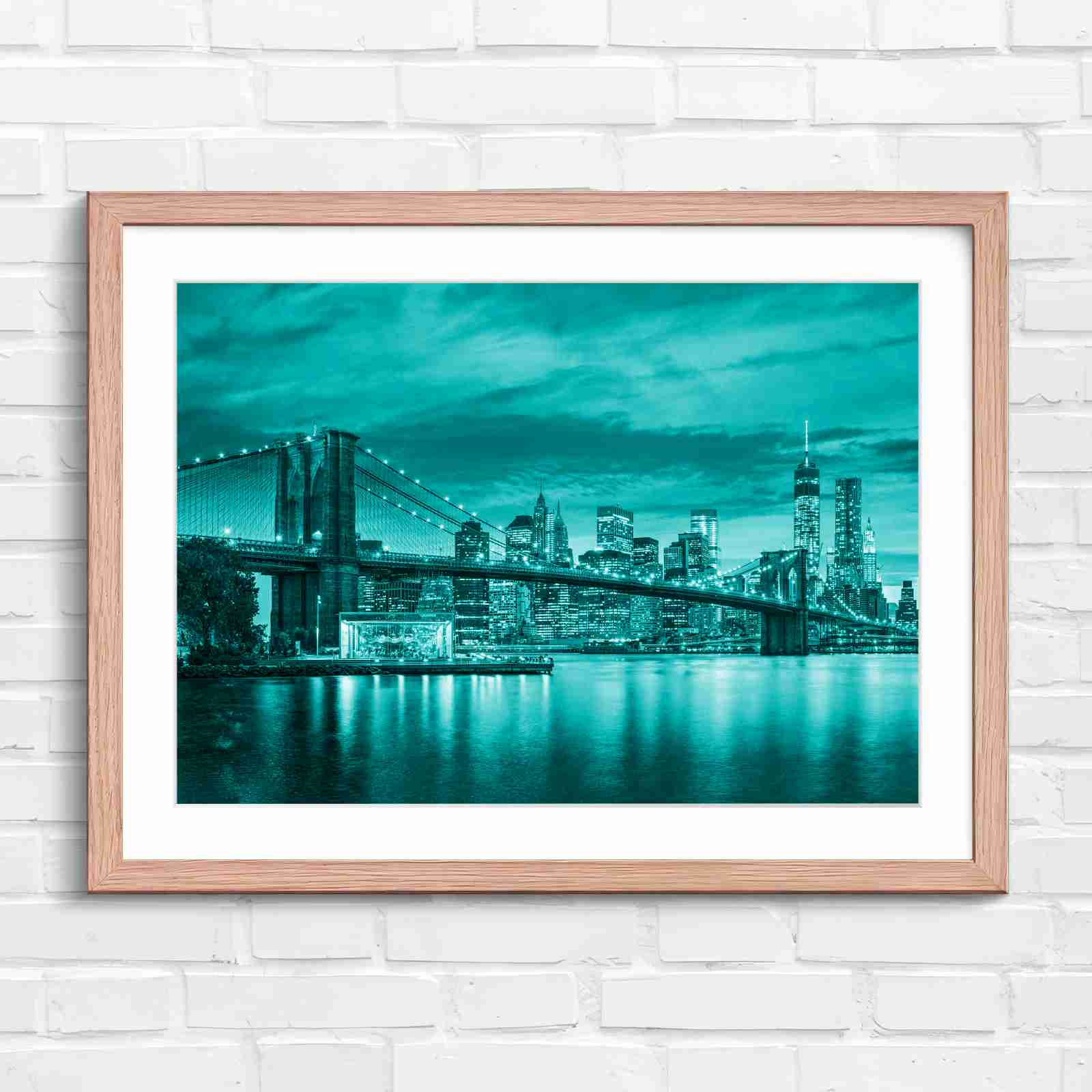 Brooklyn Bridge New York Skyline - Teal in Oak Frame