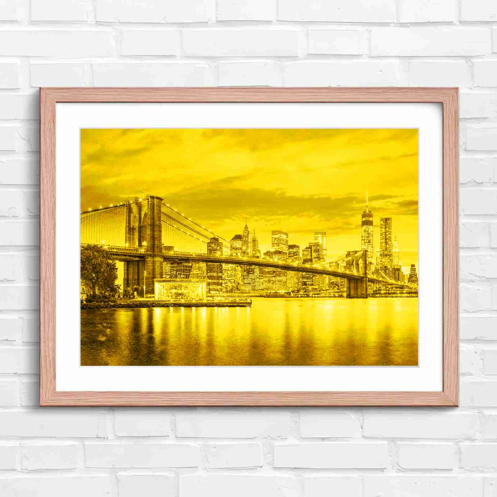 Brooklyn Bridge New York Skyline - Yellow in Oak Frame