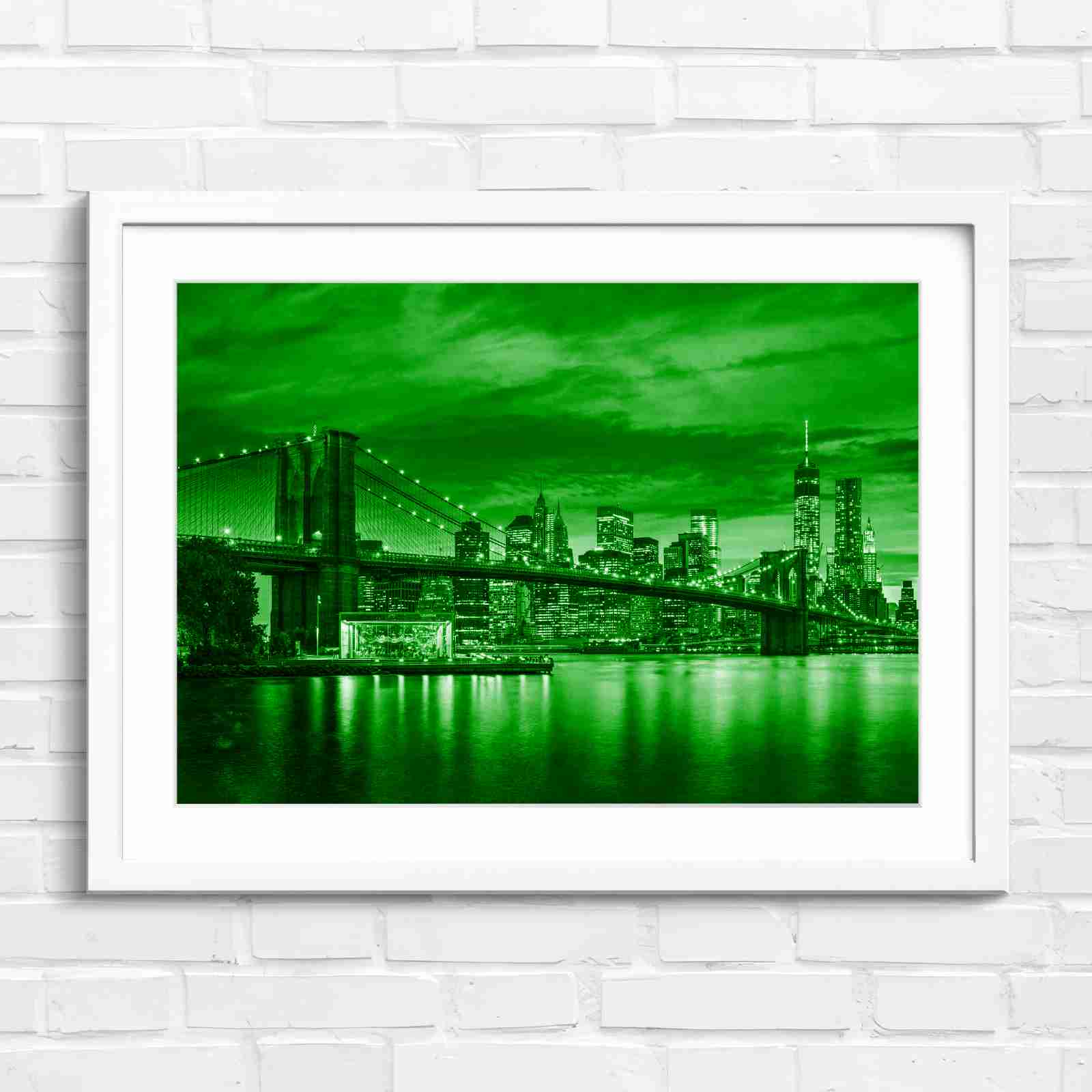Brooklyn Bridge New York Skyline - Green in White Frame