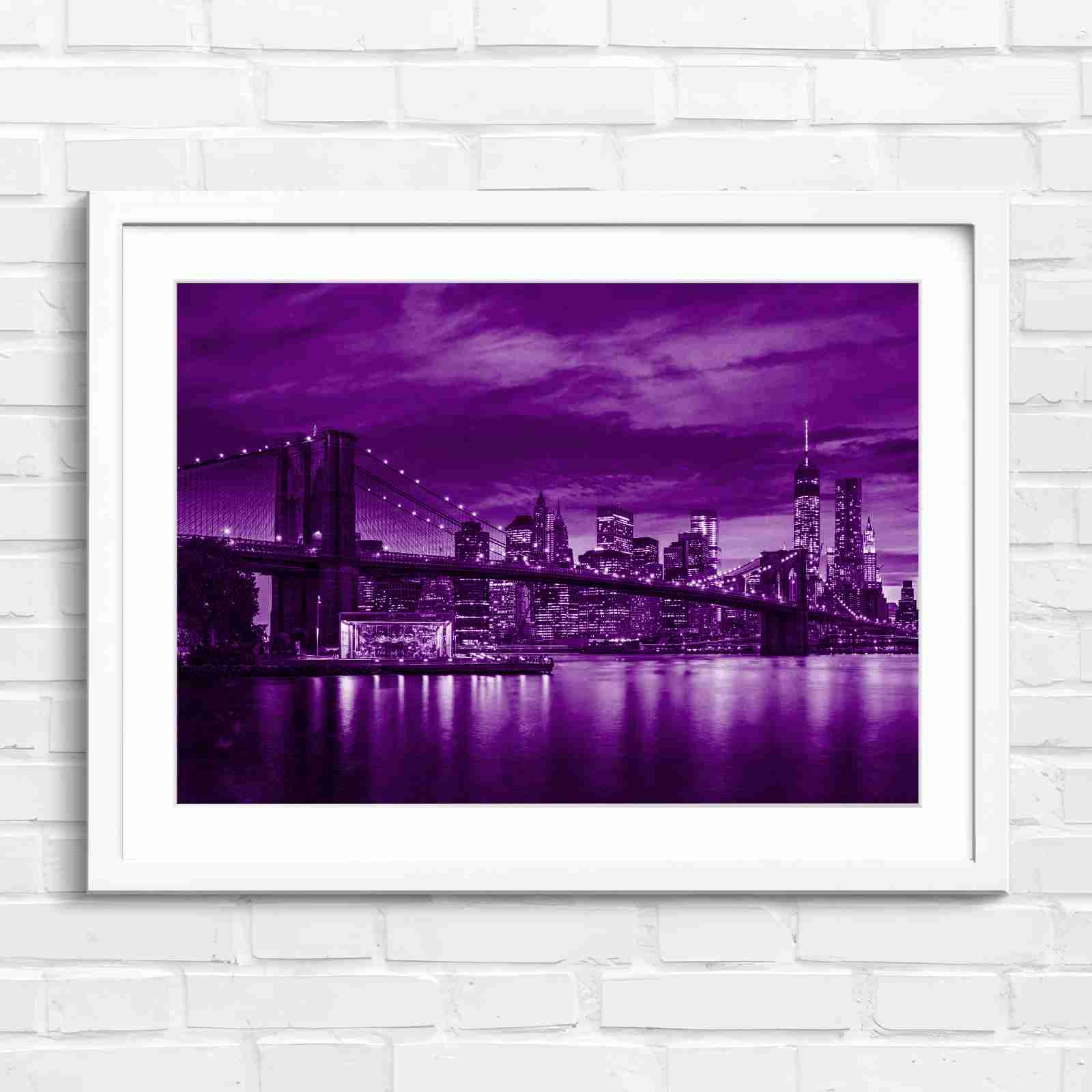 Brooklyn Bridge New York Skyline - Purple in White Frame