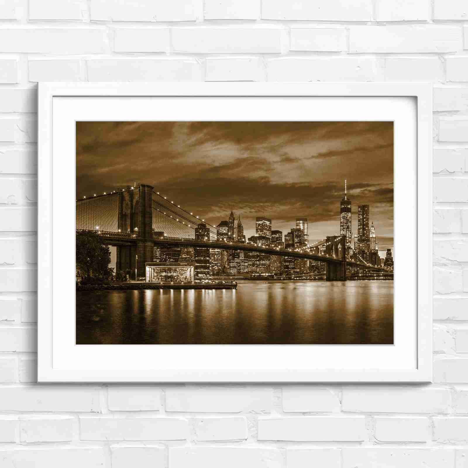 Brooklyn Bridge New York Skyline - Sepia in White Frame