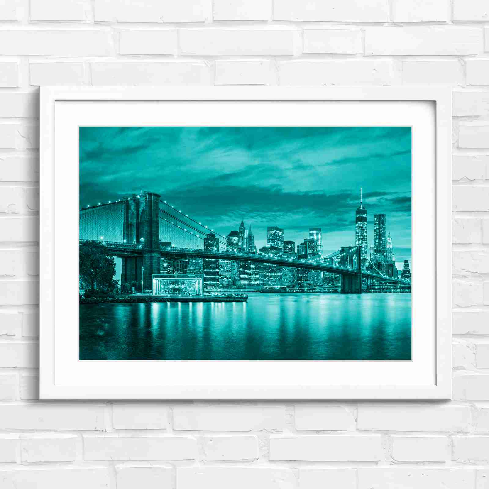 Brooklyn Bridge New York Skyline - Teal in White Frame