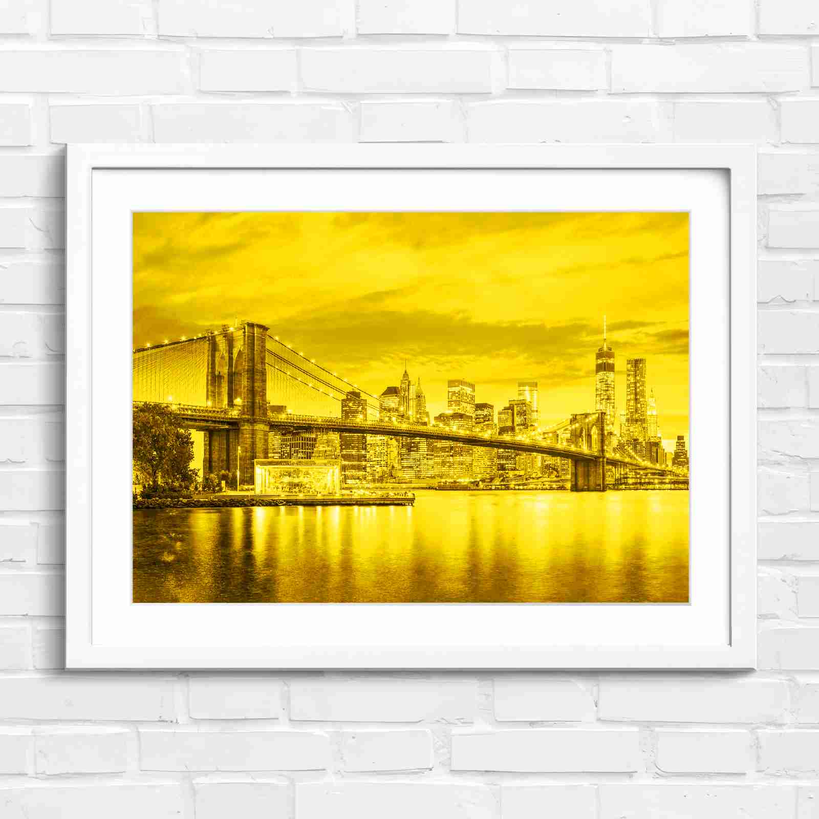 Brooklyn Bridge New York Skyline - Yellow in White Frame